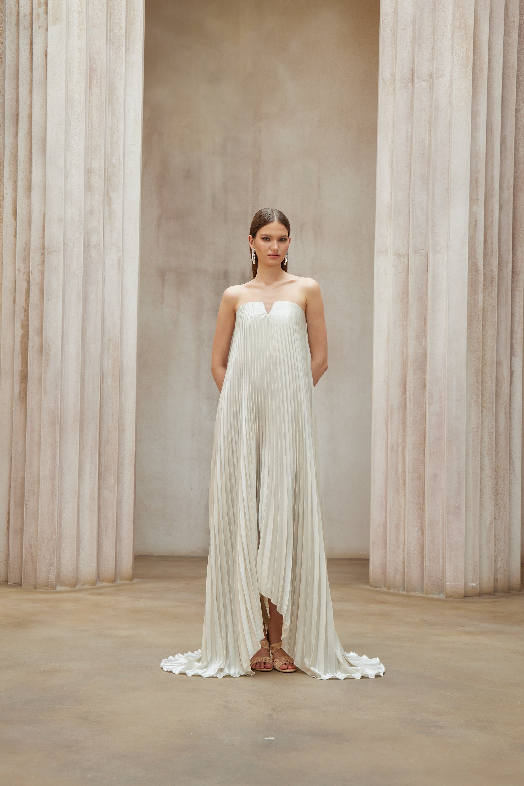 Satiné Gold Fully-pleated Maxi Dress