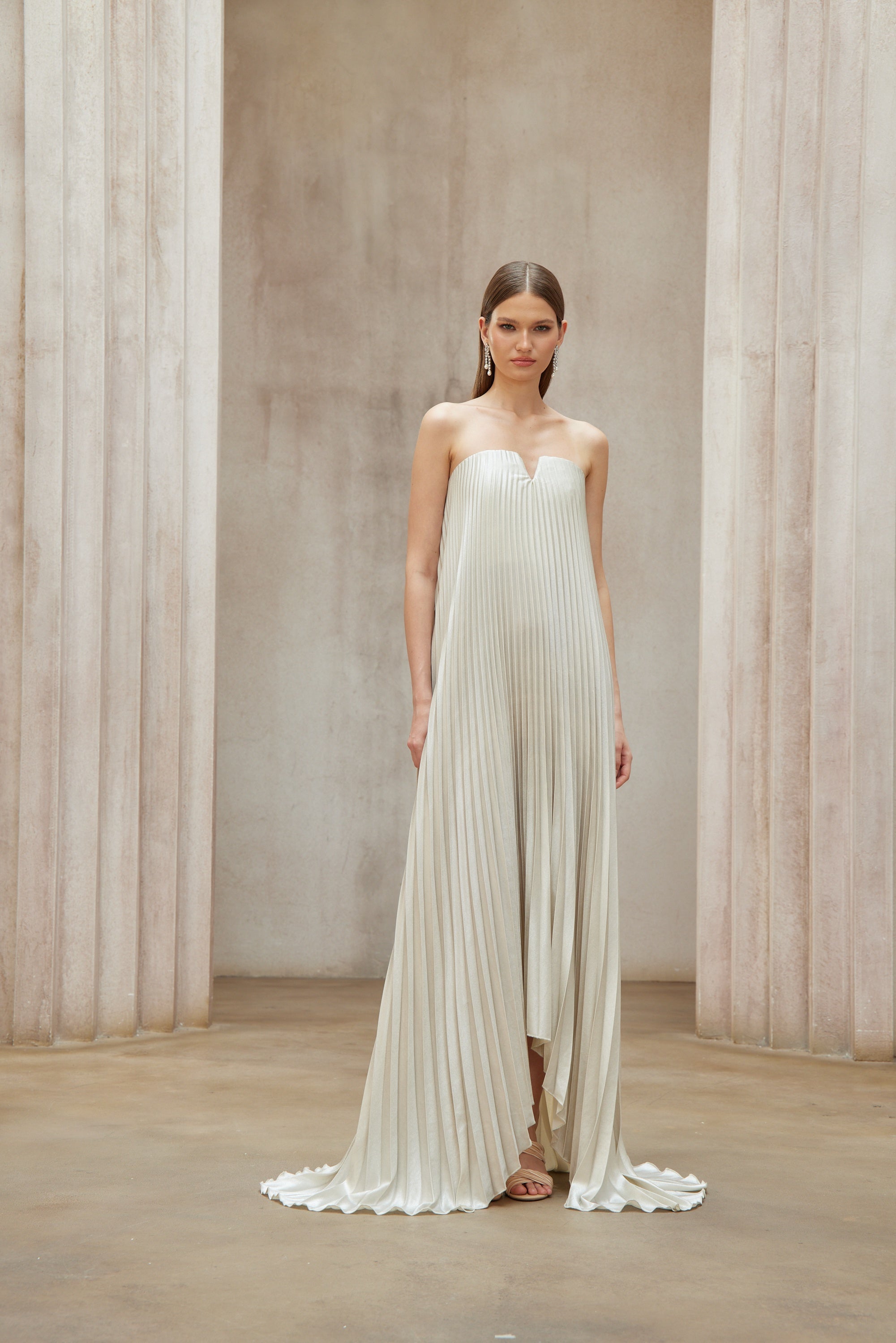 Satiné Gold Fully-pleated Maxi Dress