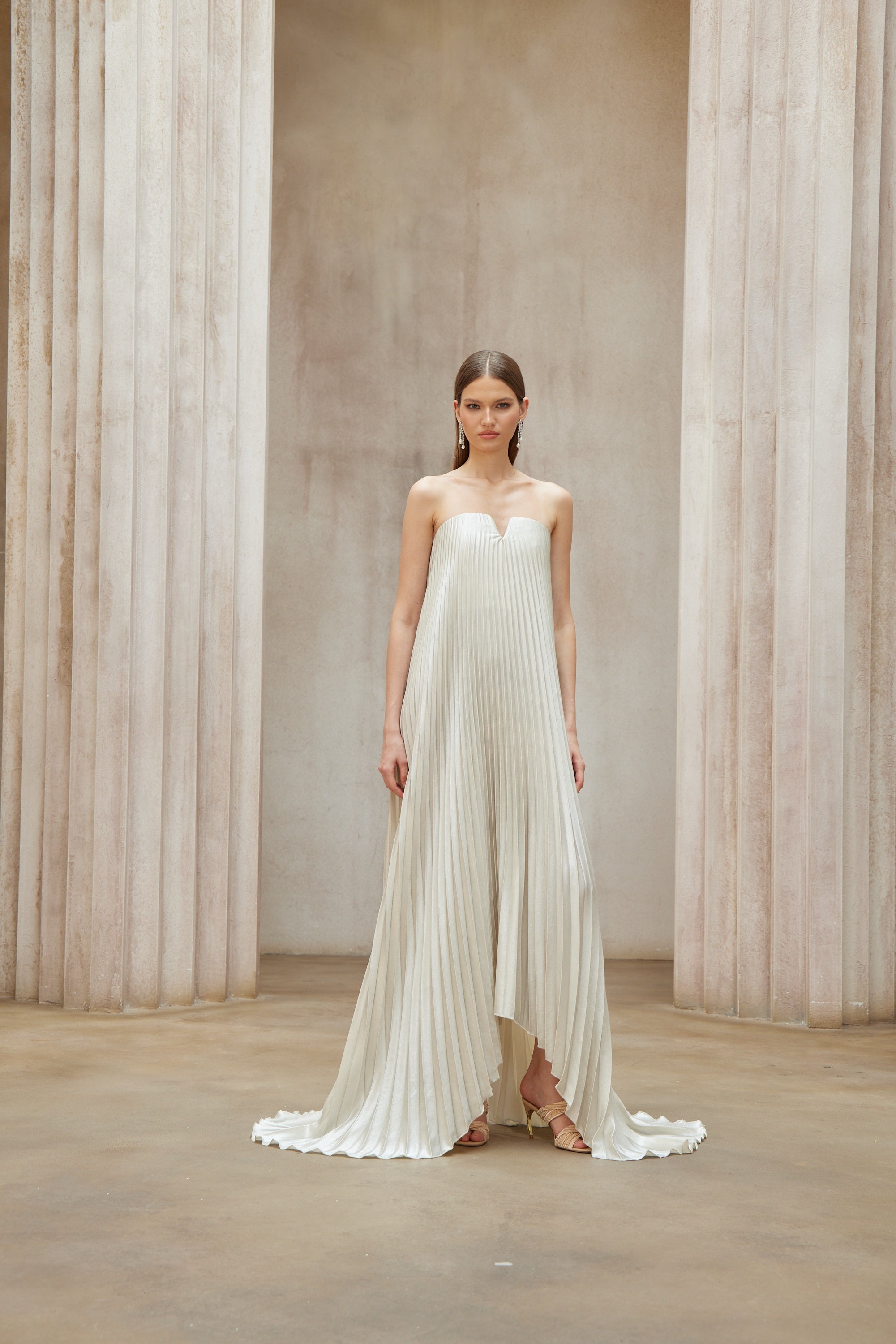 Satiné Gold Fully-pleated Maxi Dress