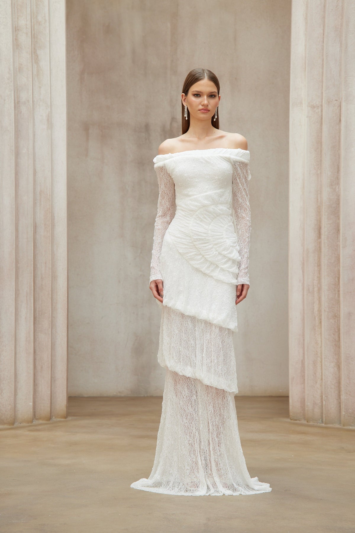 Étincelle White Ruched Lace Maxi Dress