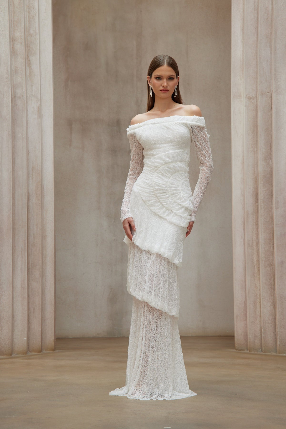 Étincelle White Ruched Lace Maxi Dress
