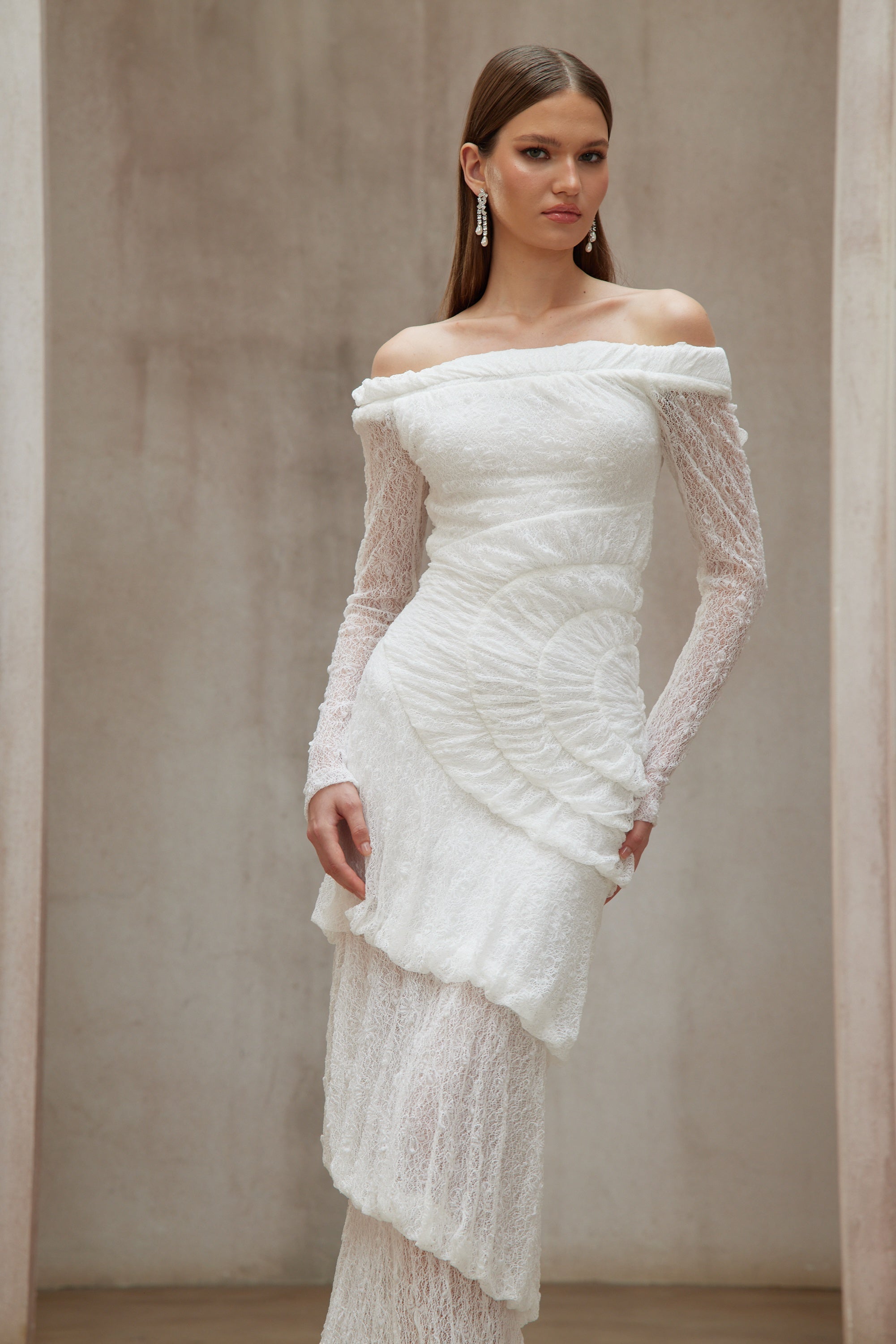 Étincelle White Ruched Lace Maxi Dress