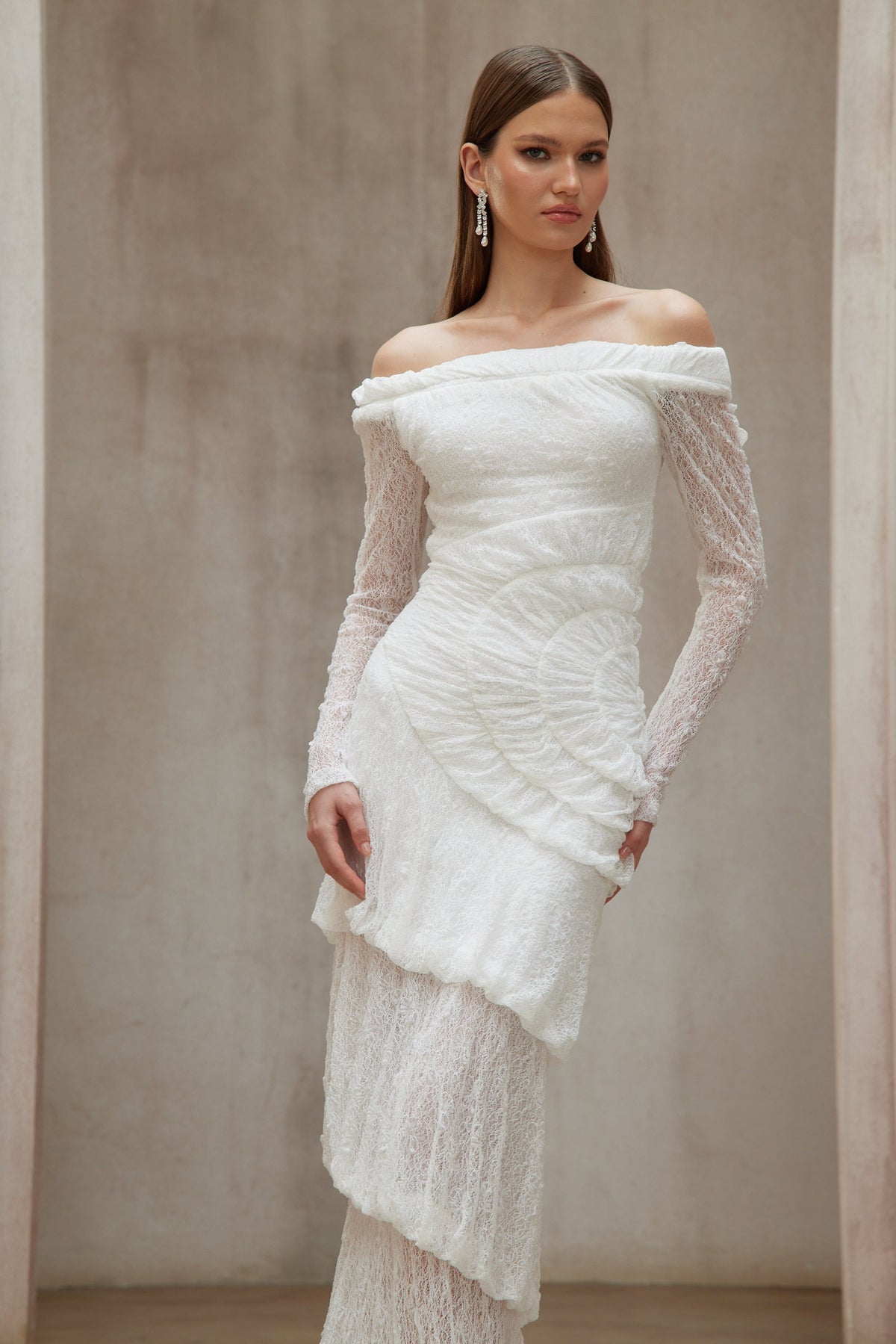 Étincelle White Ruched Lace Maxi Dress