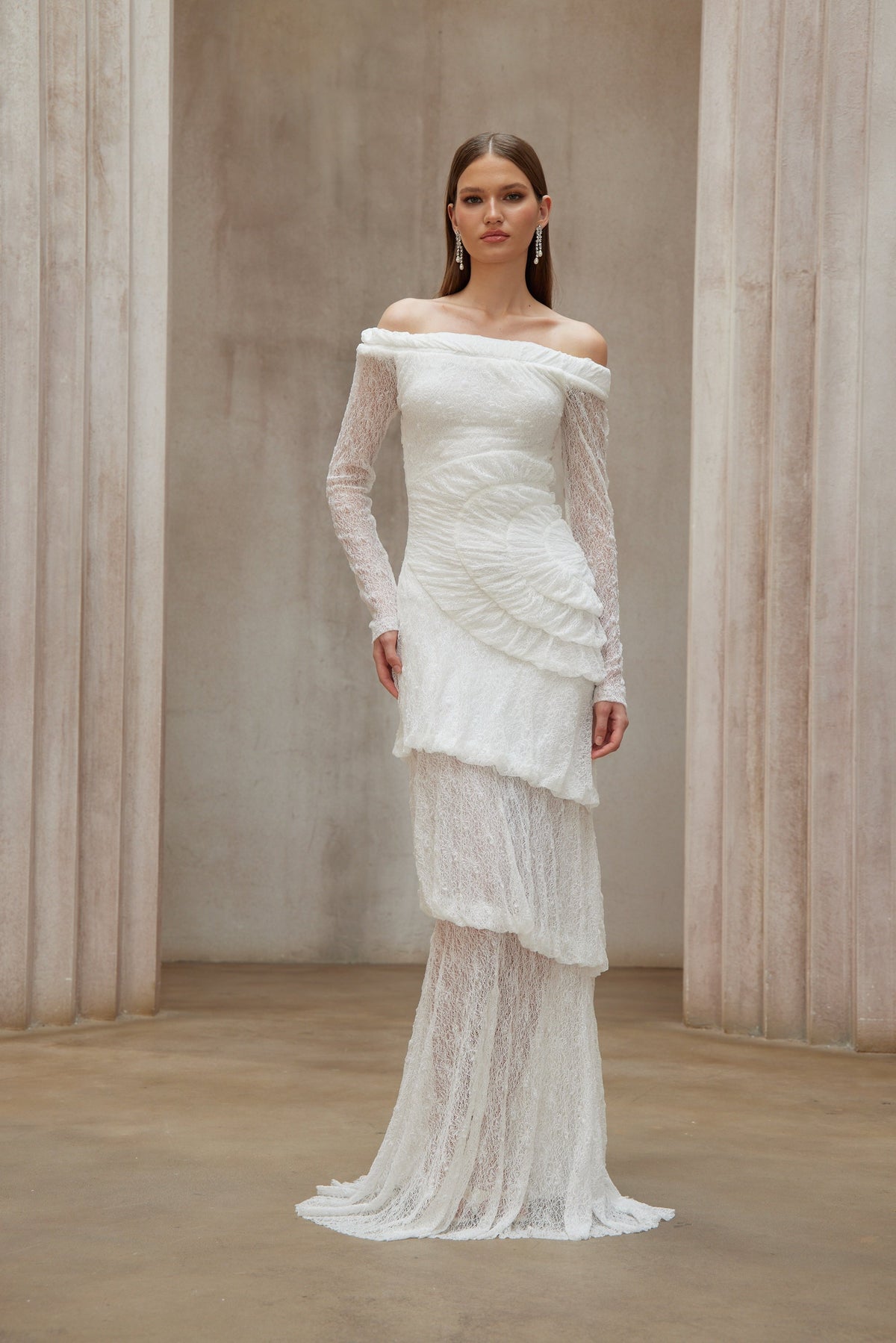 Étincelle White Ruched Lace Maxi Dress