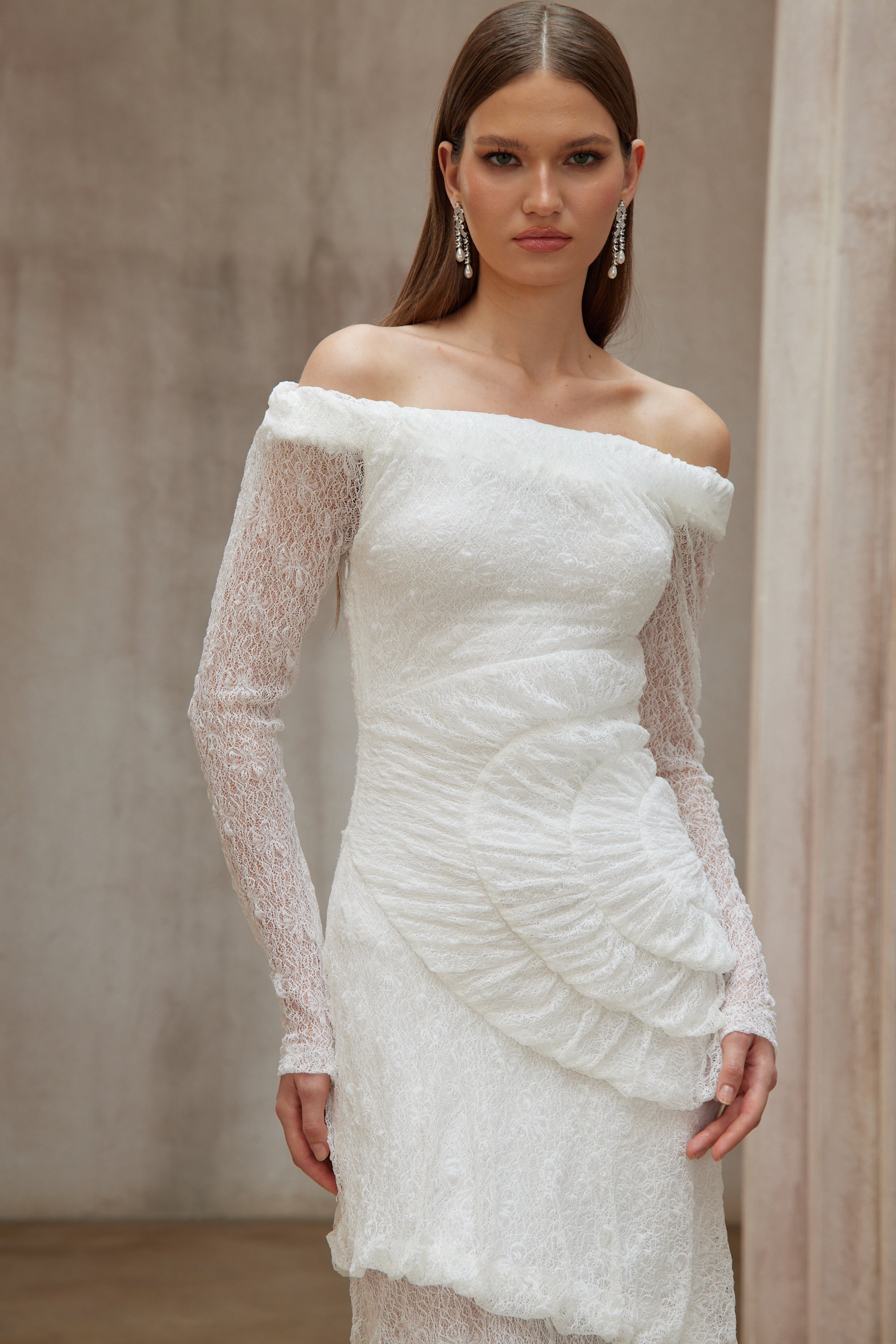 Étincelle White Ruched Lace Maxi Dress (Final Sale-US Only)