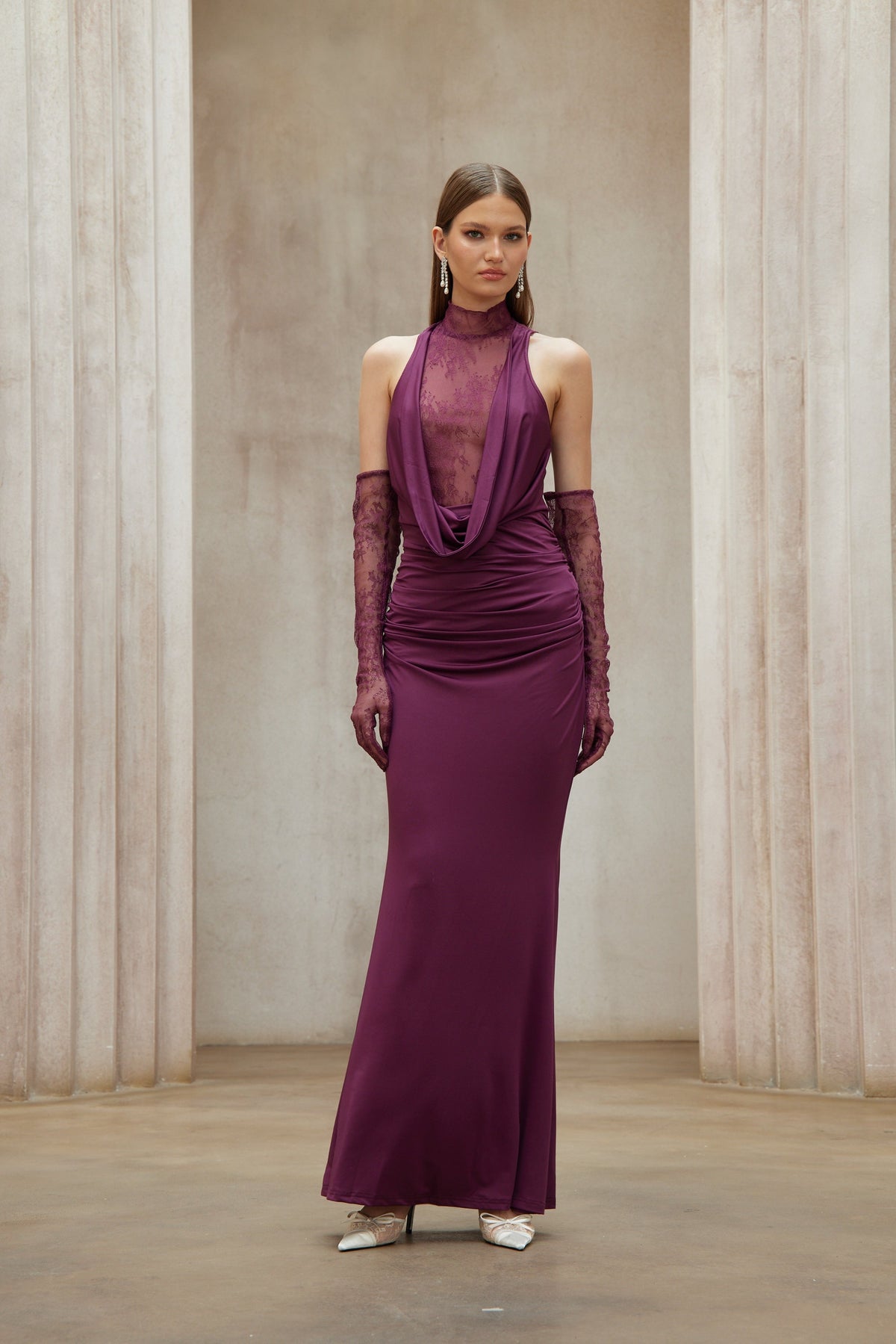 Borbála Magenta Lace Bodice Ruched Maxi Dress (Final Sale-US Only)