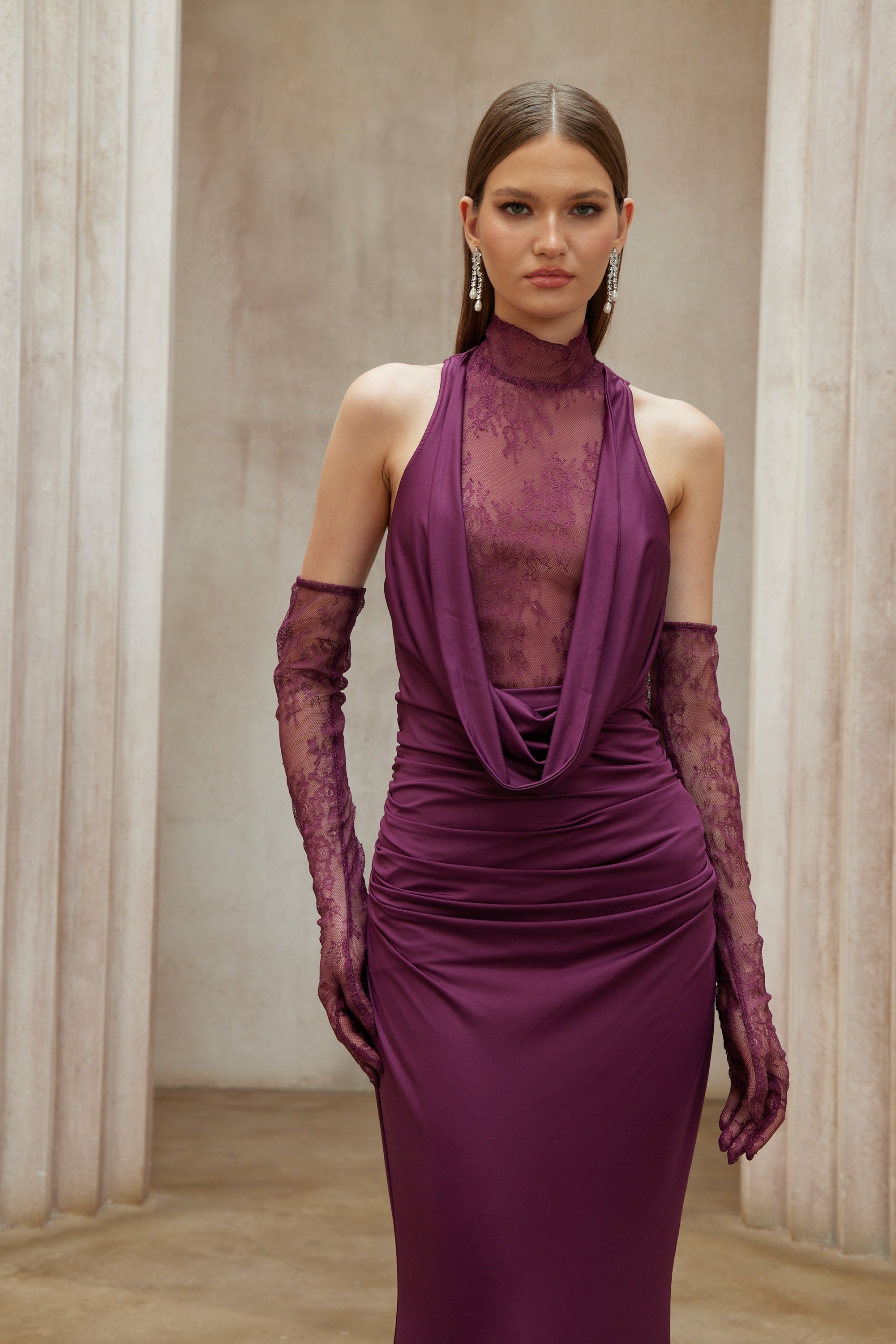 Borbála Magenta Lace Bodice Ruched Maxi Dress