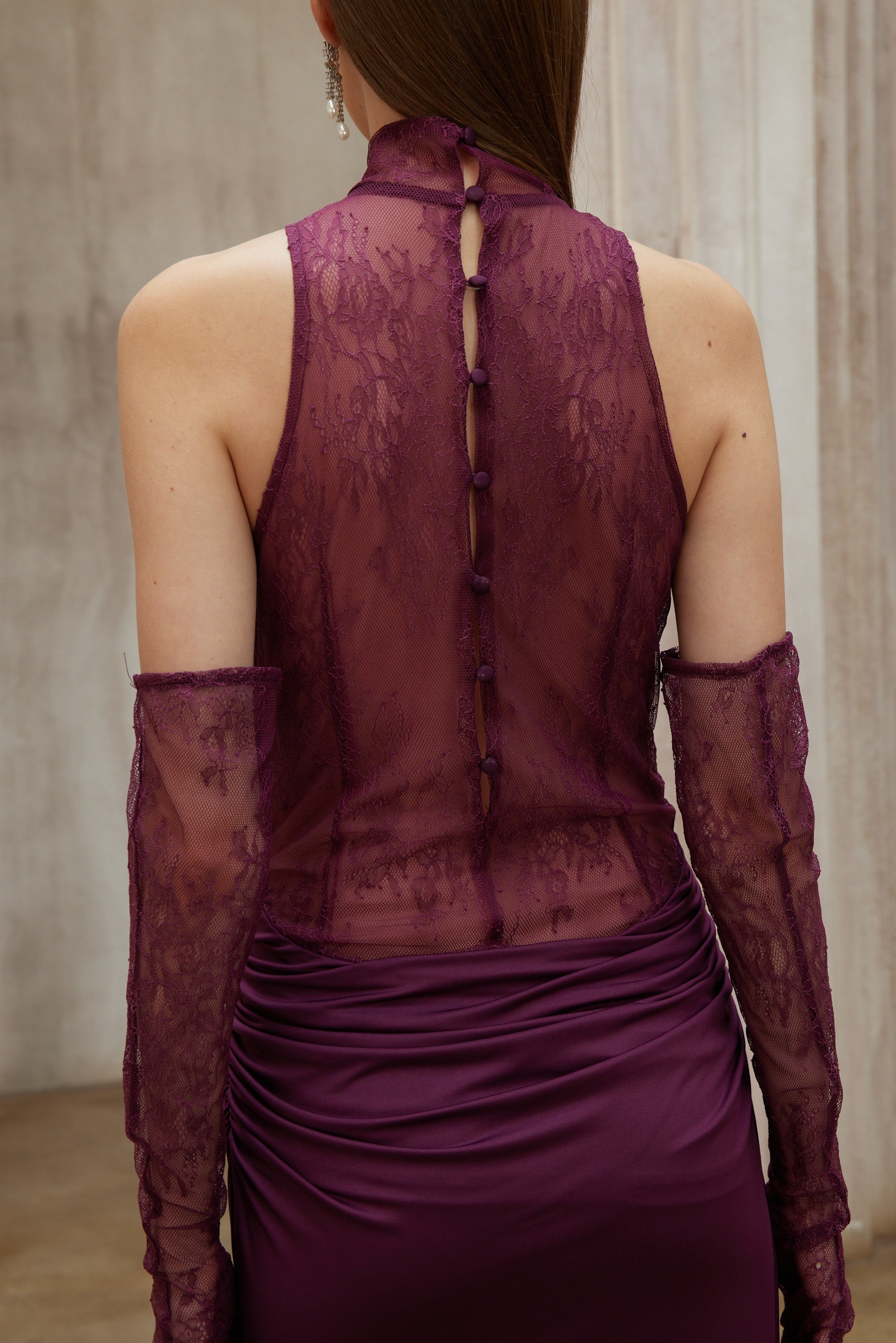 Borbála Magenta Lace Bodice Ruched Maxi Dress