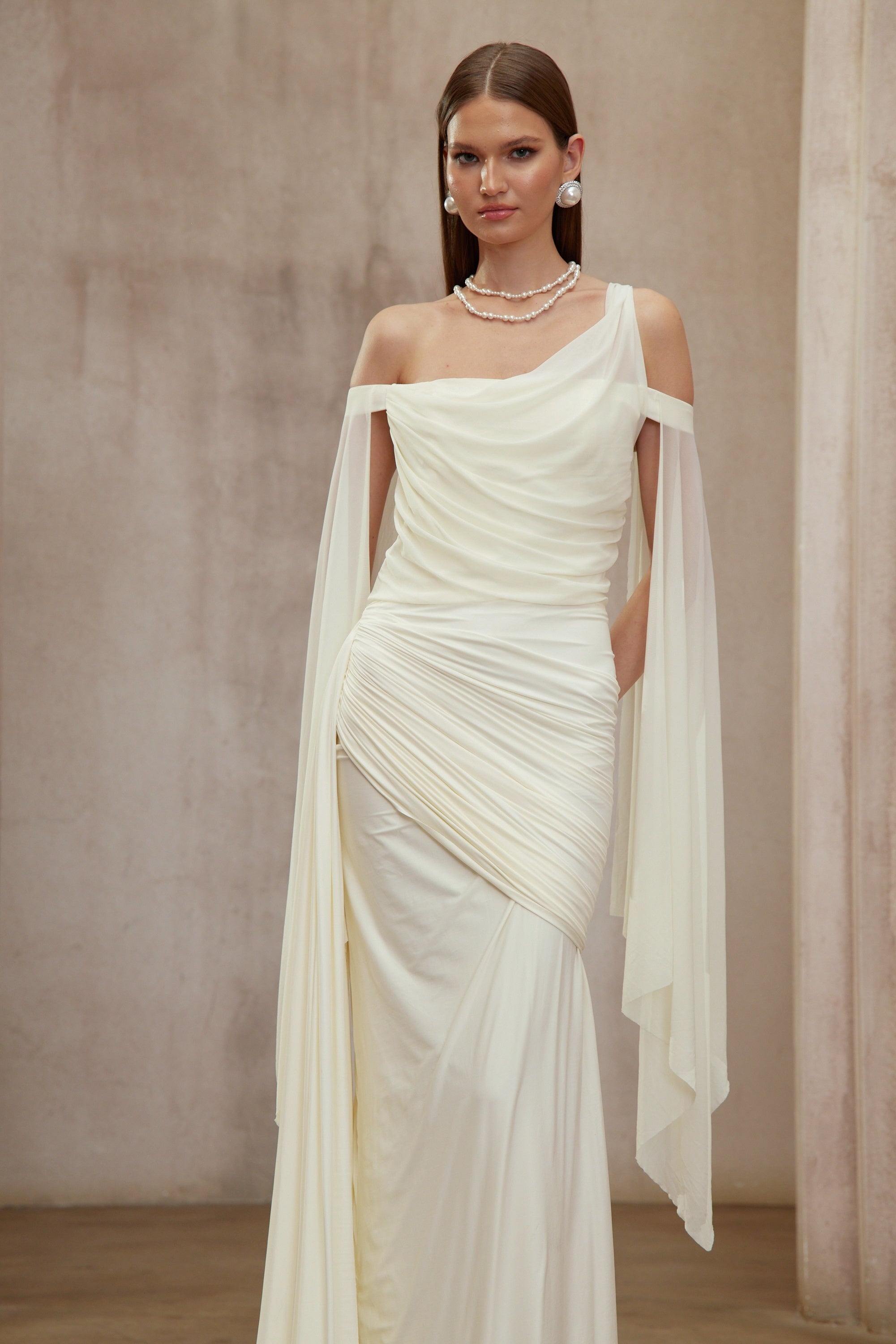 Aurianne White Asymmetrical Draped Maxi Dress (Final Sale-US Only)