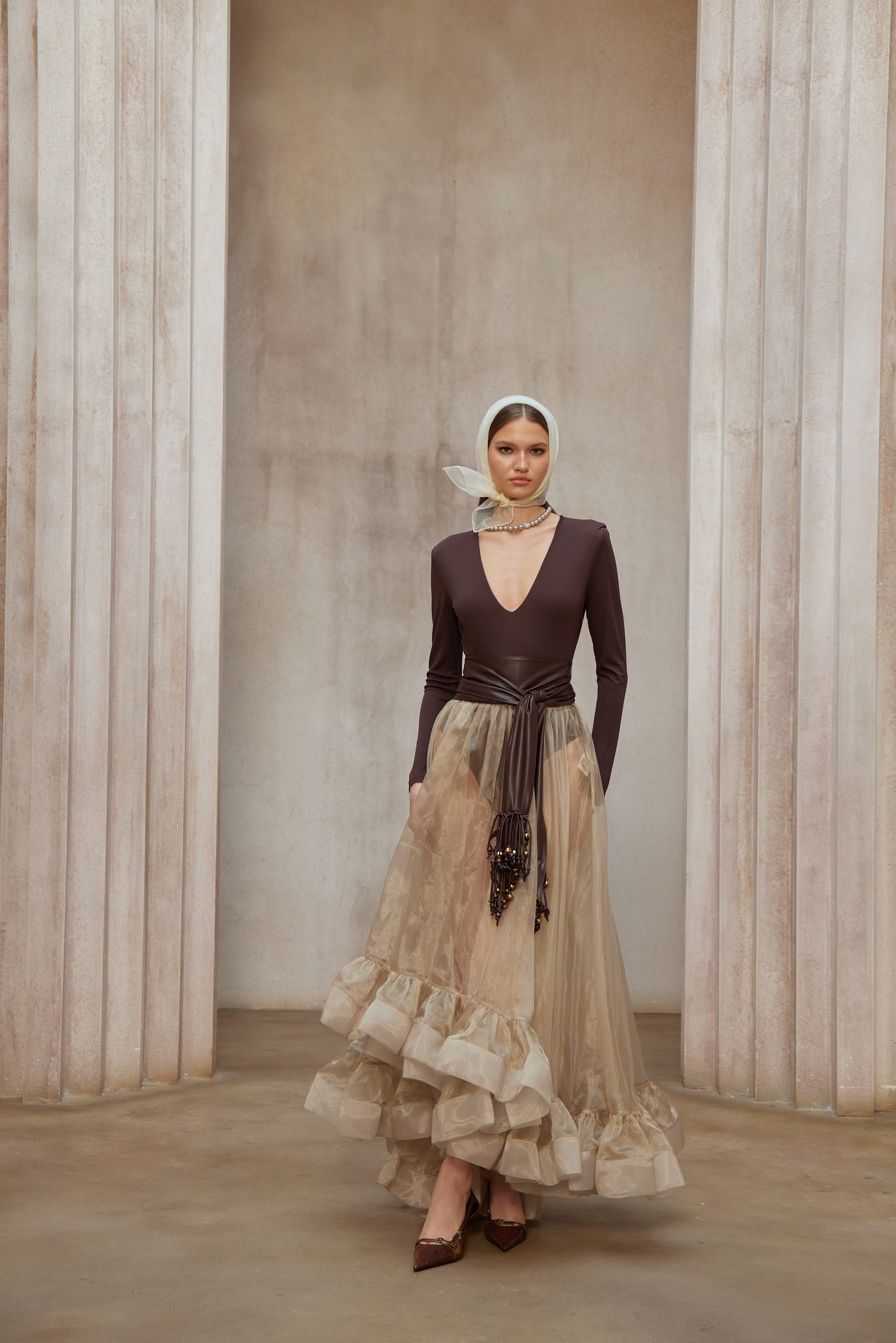 Paula Brown Belted Bodysuit & Organza Skirt Set
