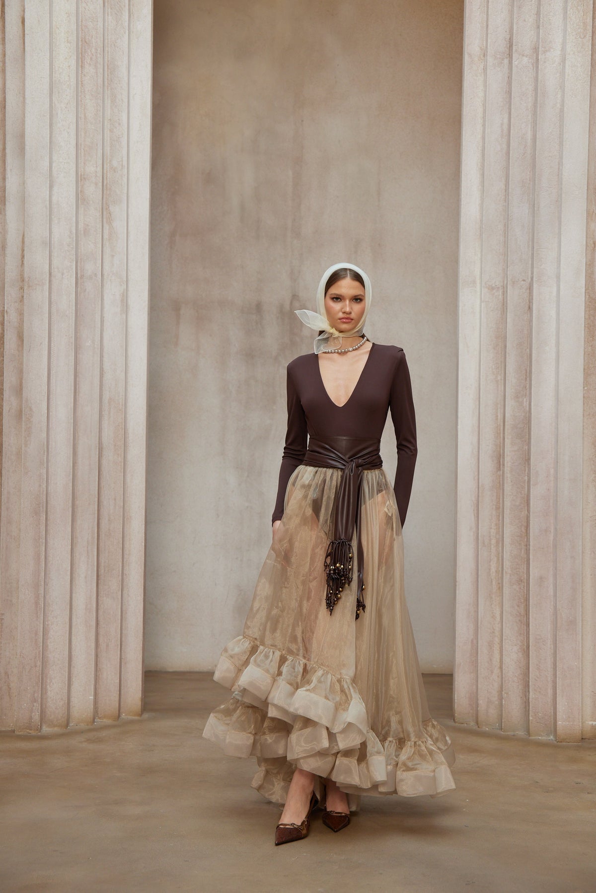 Paula Brown Belted Bodysuit & Organza Skirt Set