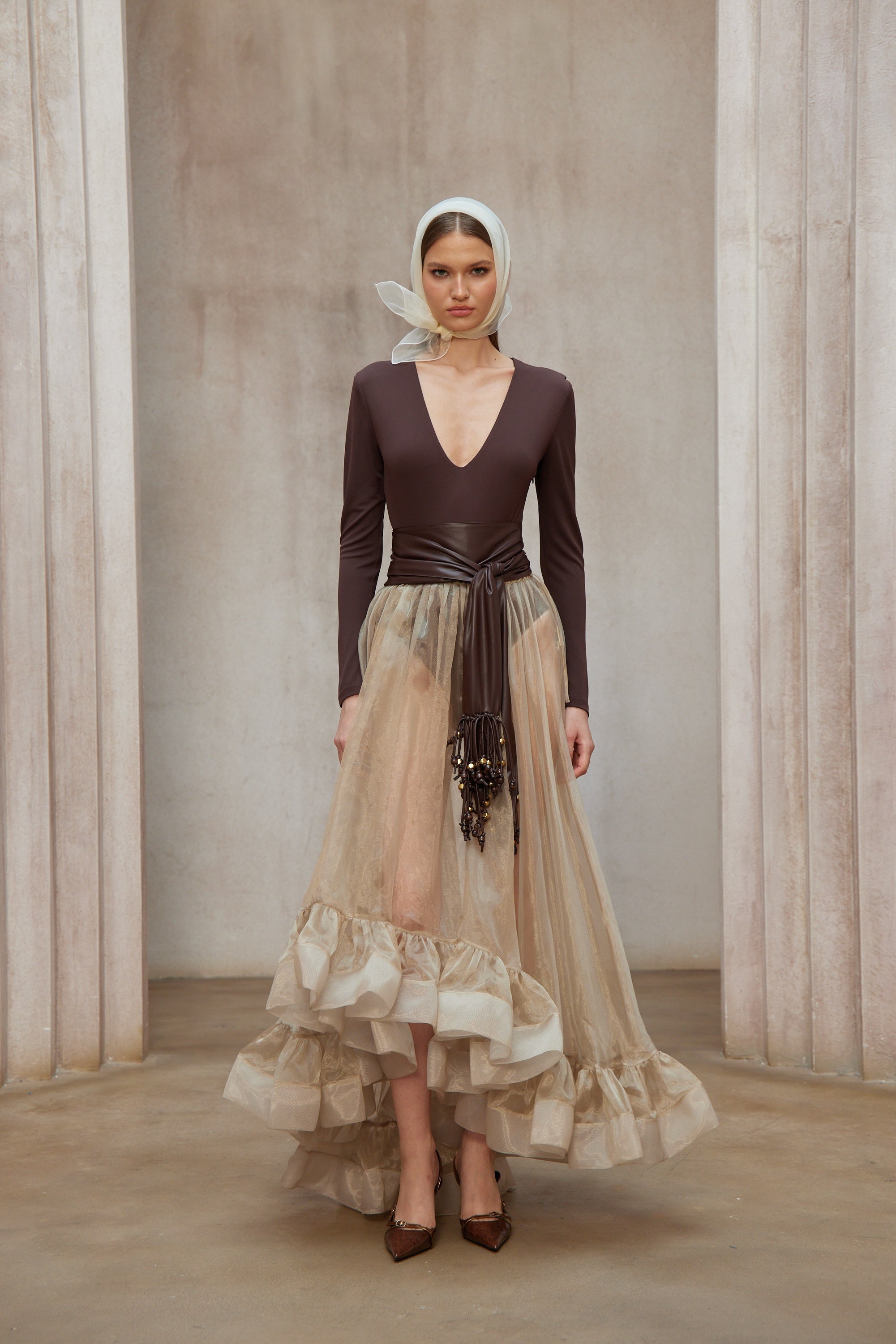 Paula Brown Belted Bodysuit & Organza Skirt Set