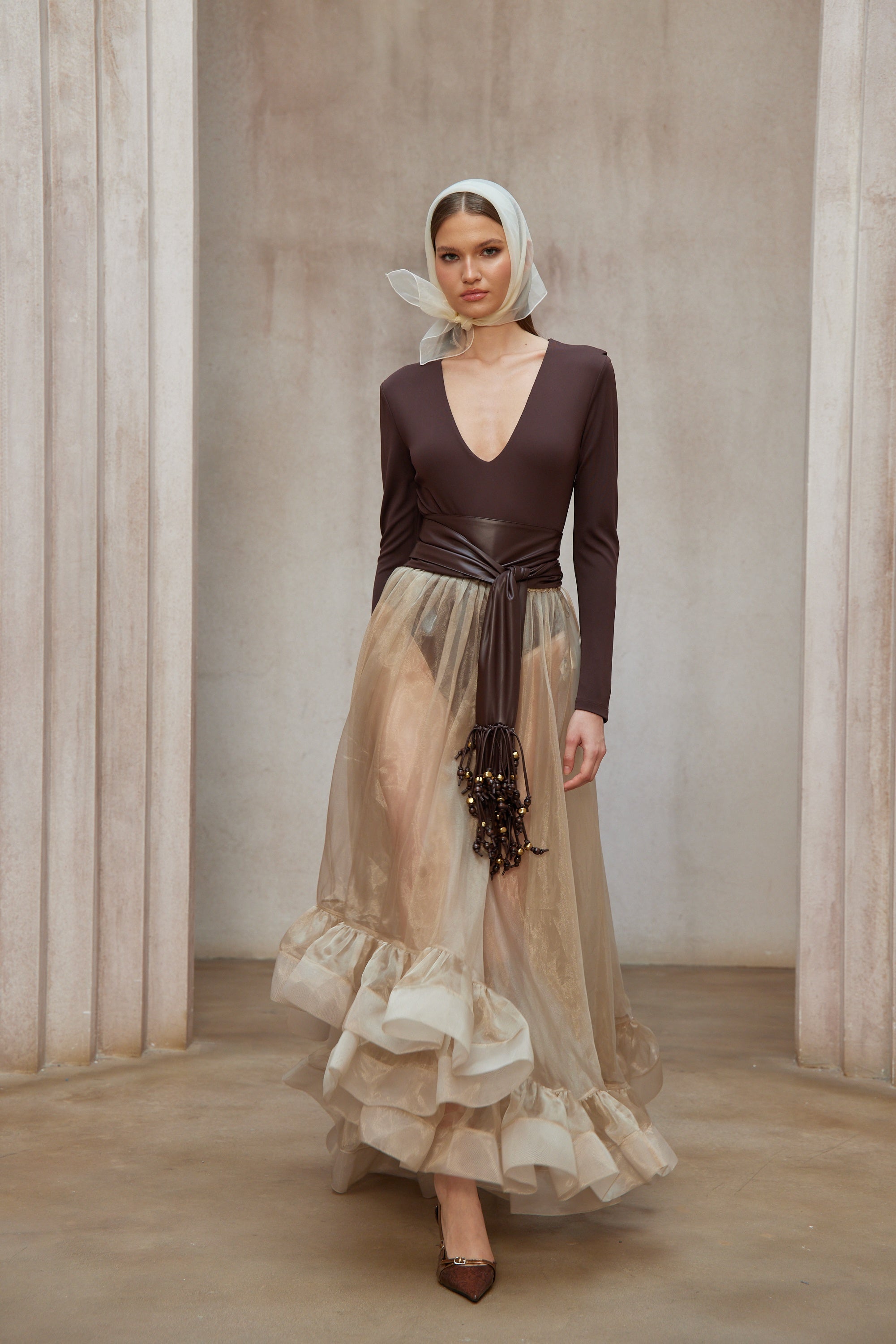Paula Brown Belted Bodysuit & Organza Skirt Set
