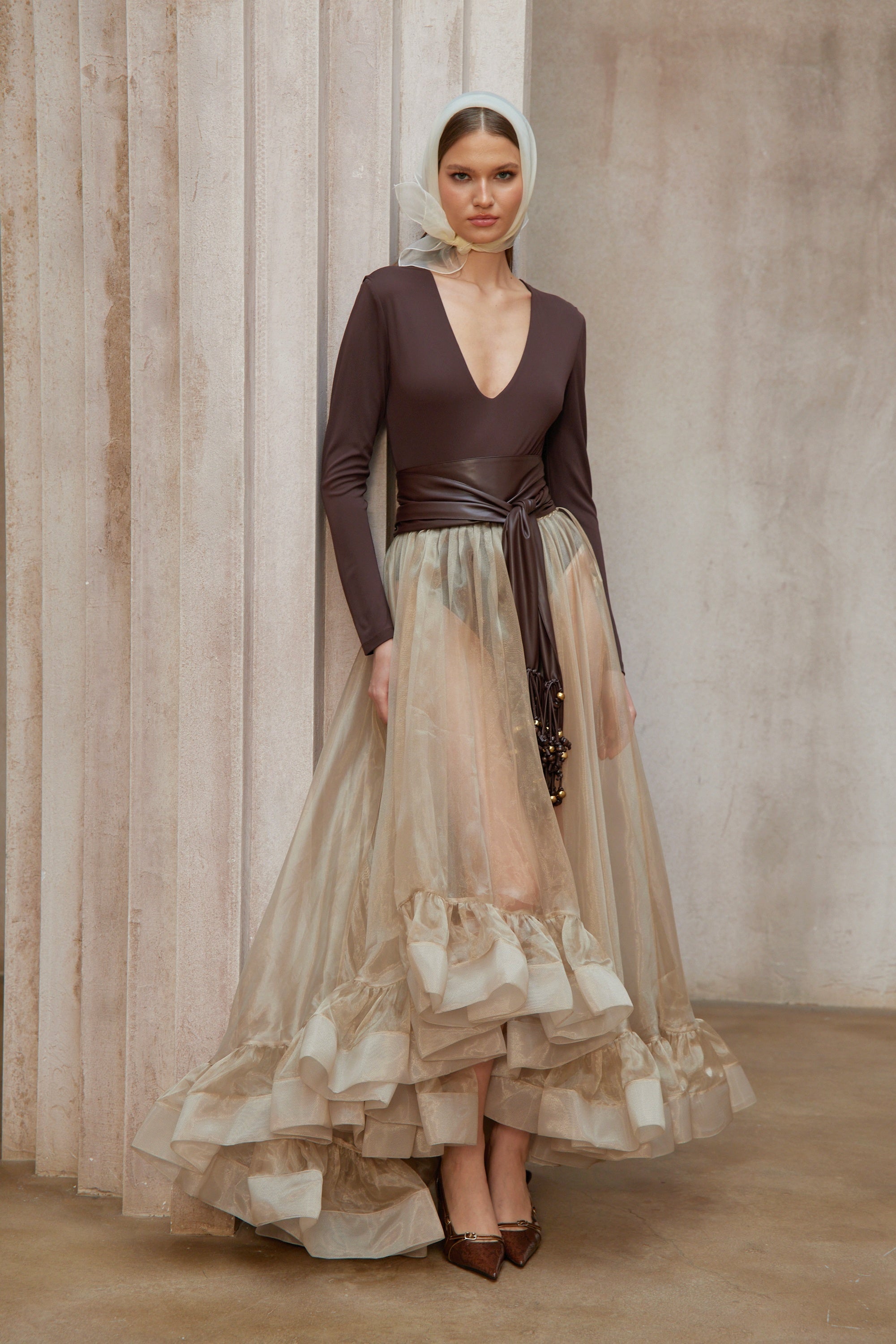 Paula Brown Belted Bodysuit & Organza Skirt Set