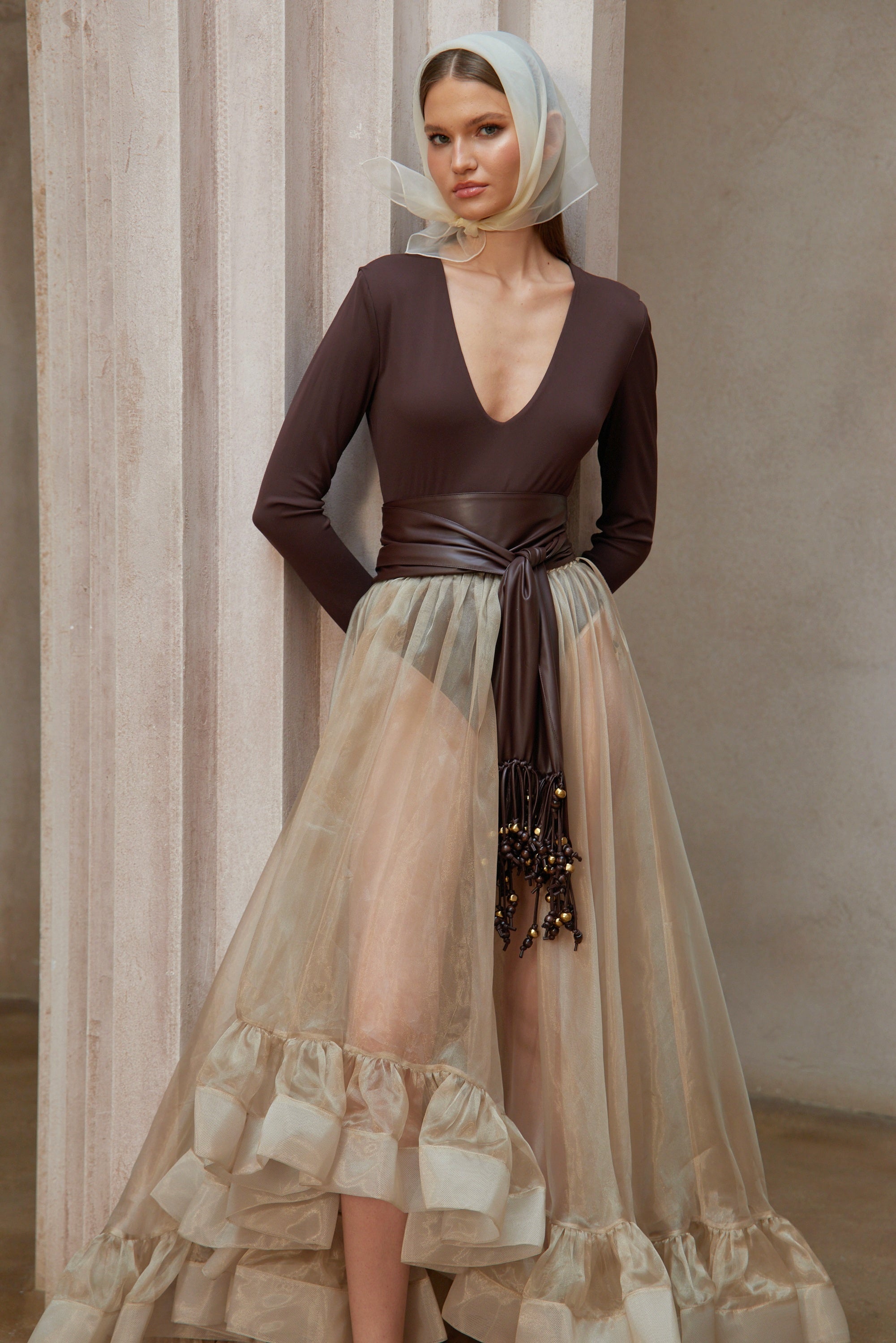 Paula Brown Belted Bodysuit & Organza Skirt Set
