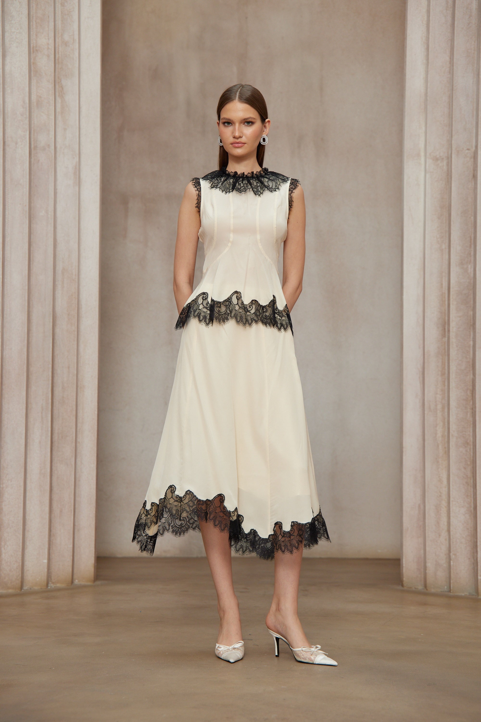 Zsófia Neutral Lace Panel Chiffon Top & Skirt Matching Set