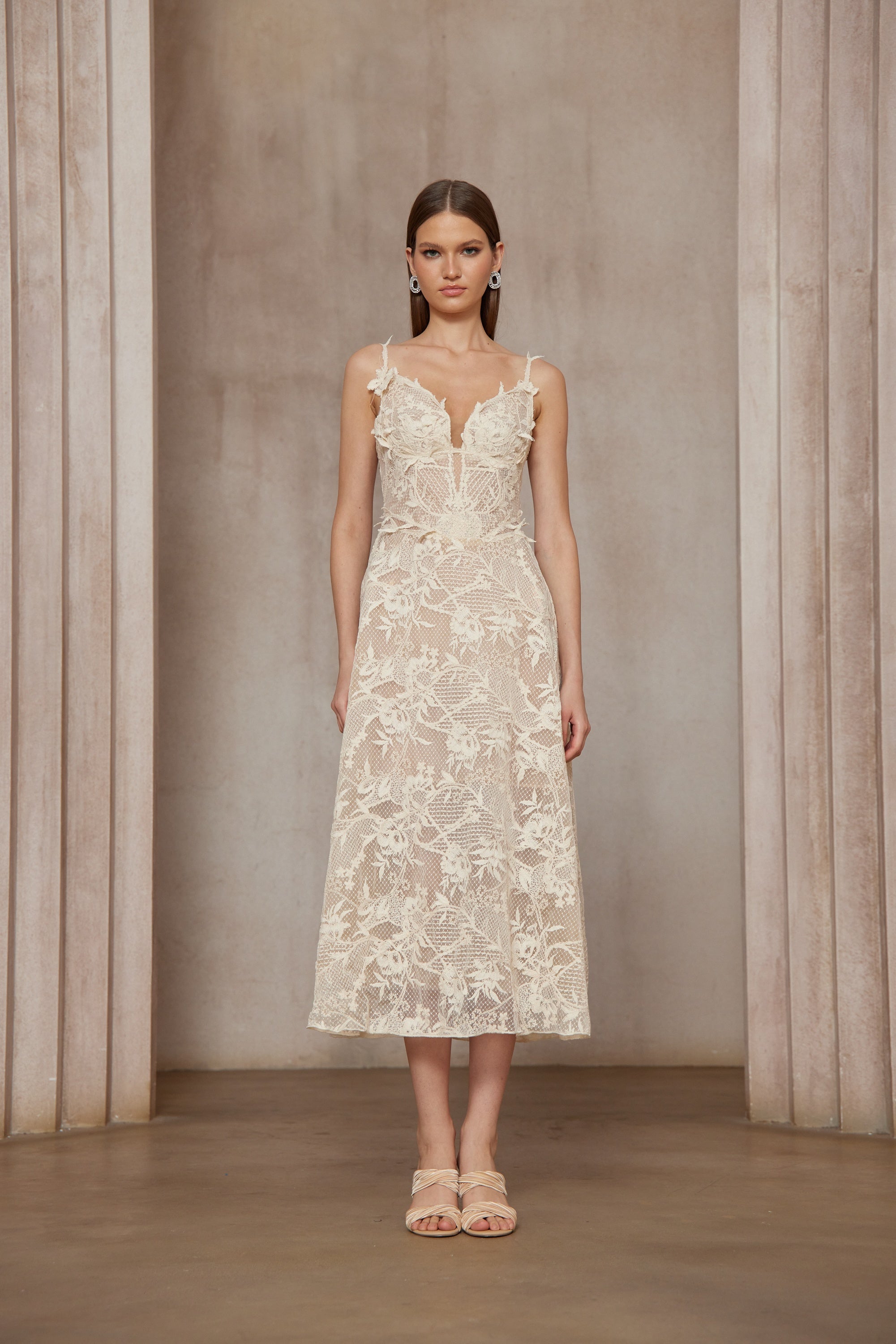 Amber White Sleeveless Floral Lace Midi Dress