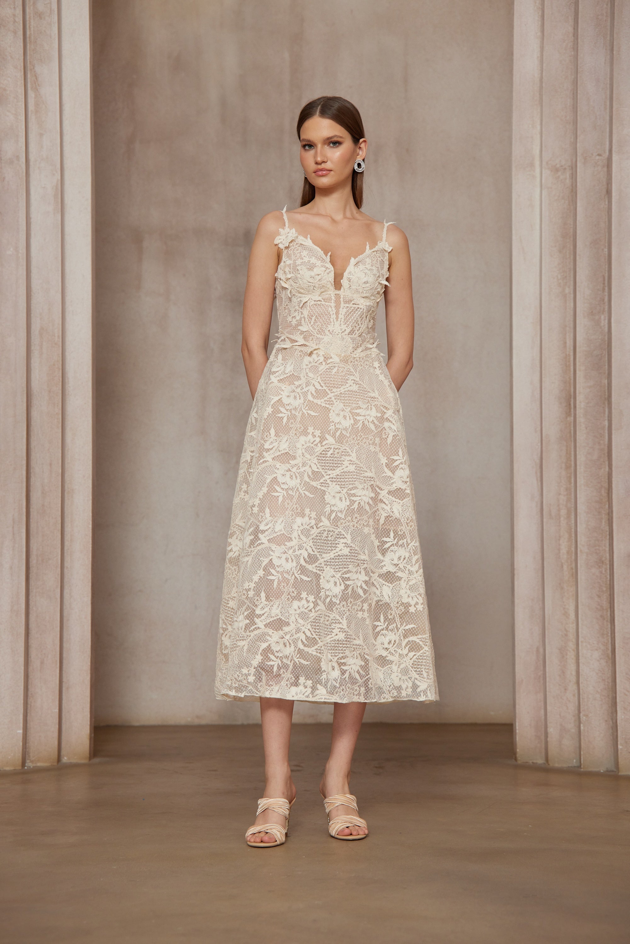 Amber White Sleeveless Floral Lace Midi Dress