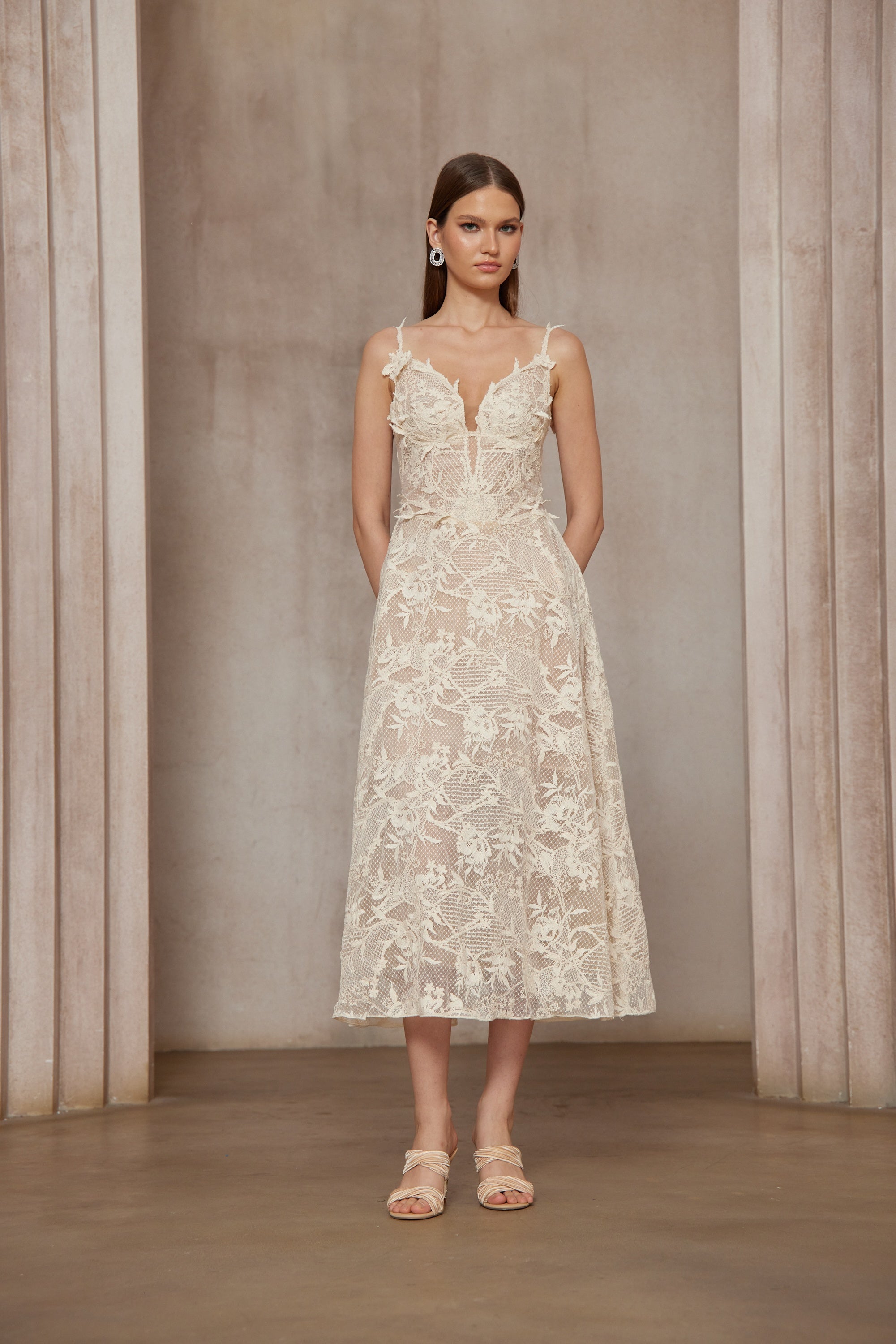 Amber White Sleeveless Floral Lace Midi Dress (Final Sale-US Only)