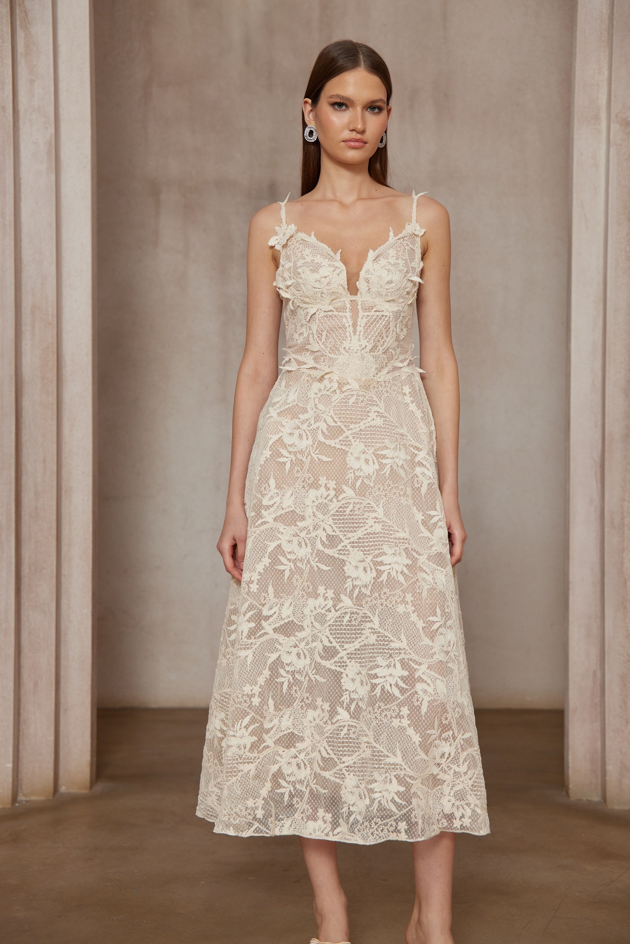 Amber White Sleeveless Floral Lace Midi Dress