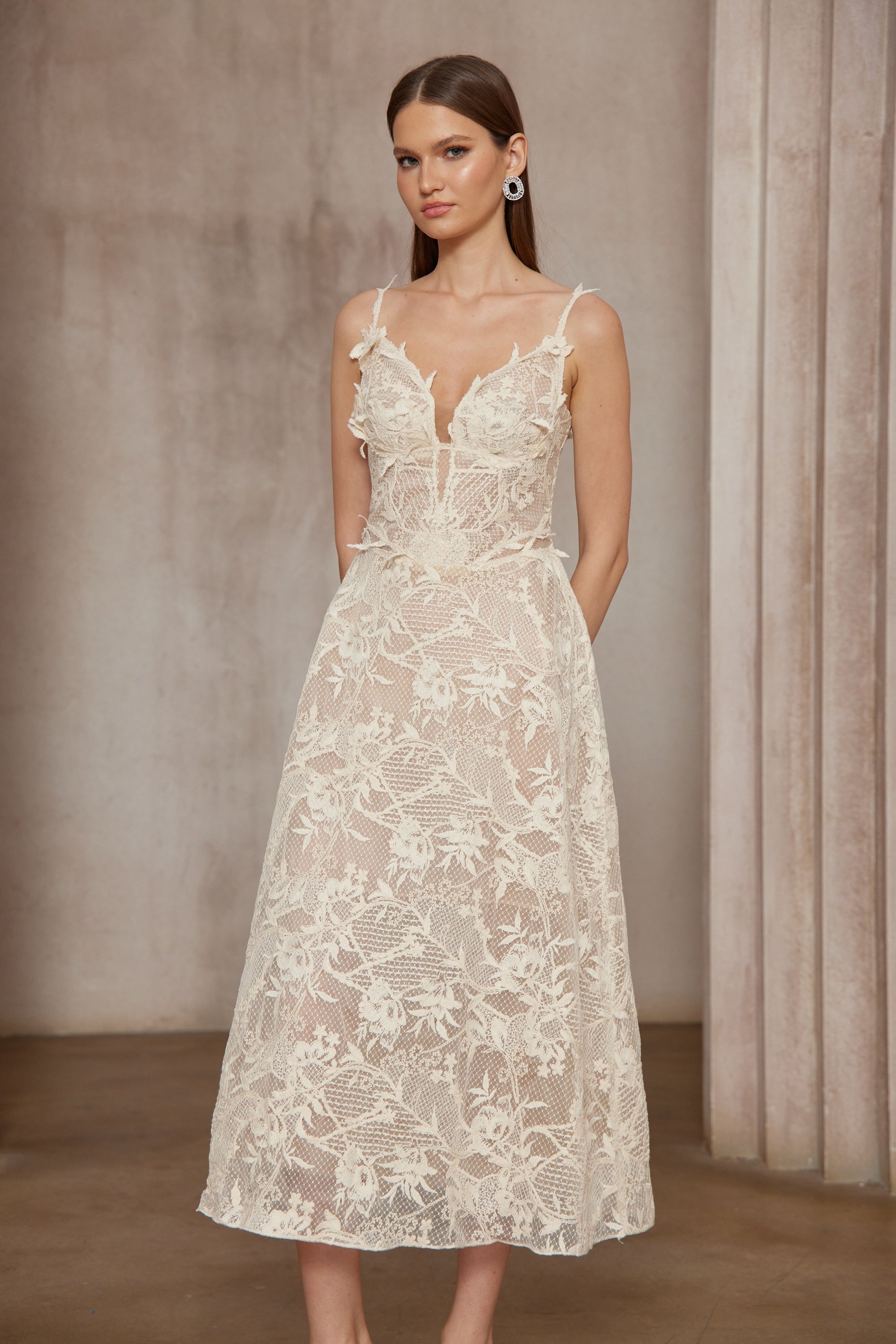 Amber White Sleeveless Floral Lace Midi Dress