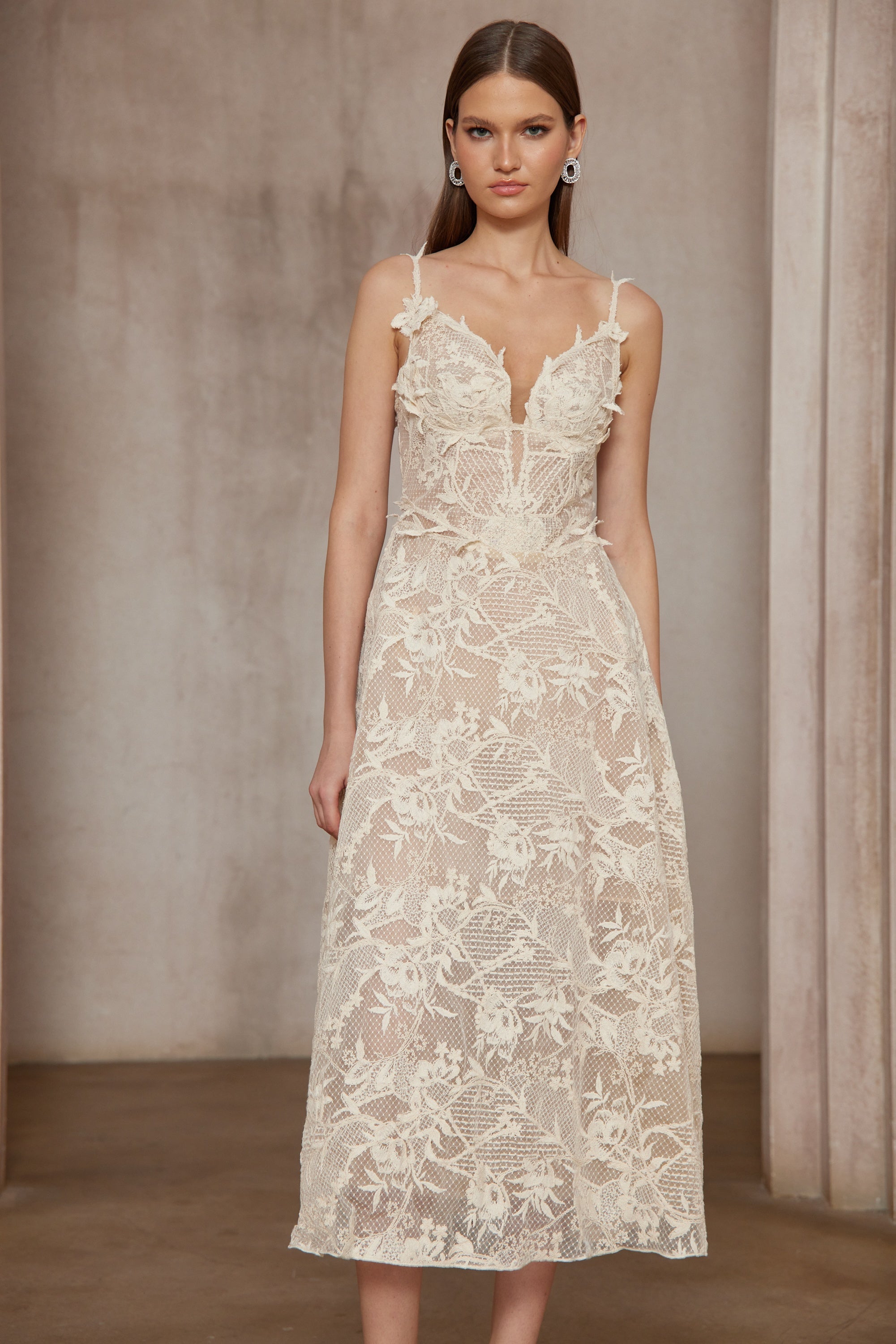 Amber White Sleeveless Floral Lace Midi Dress