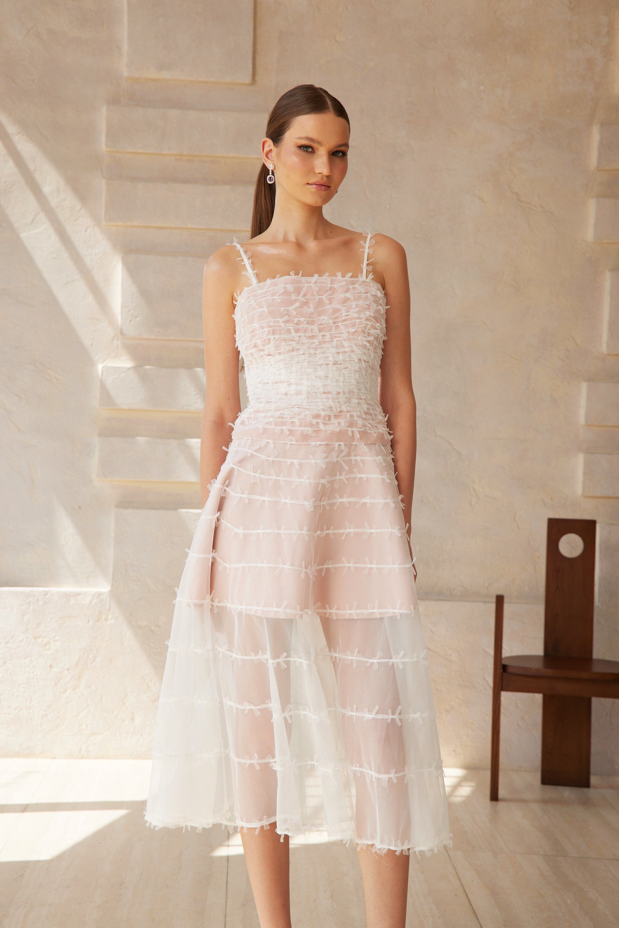 Eléonore White Creased Tulle Midi Dress