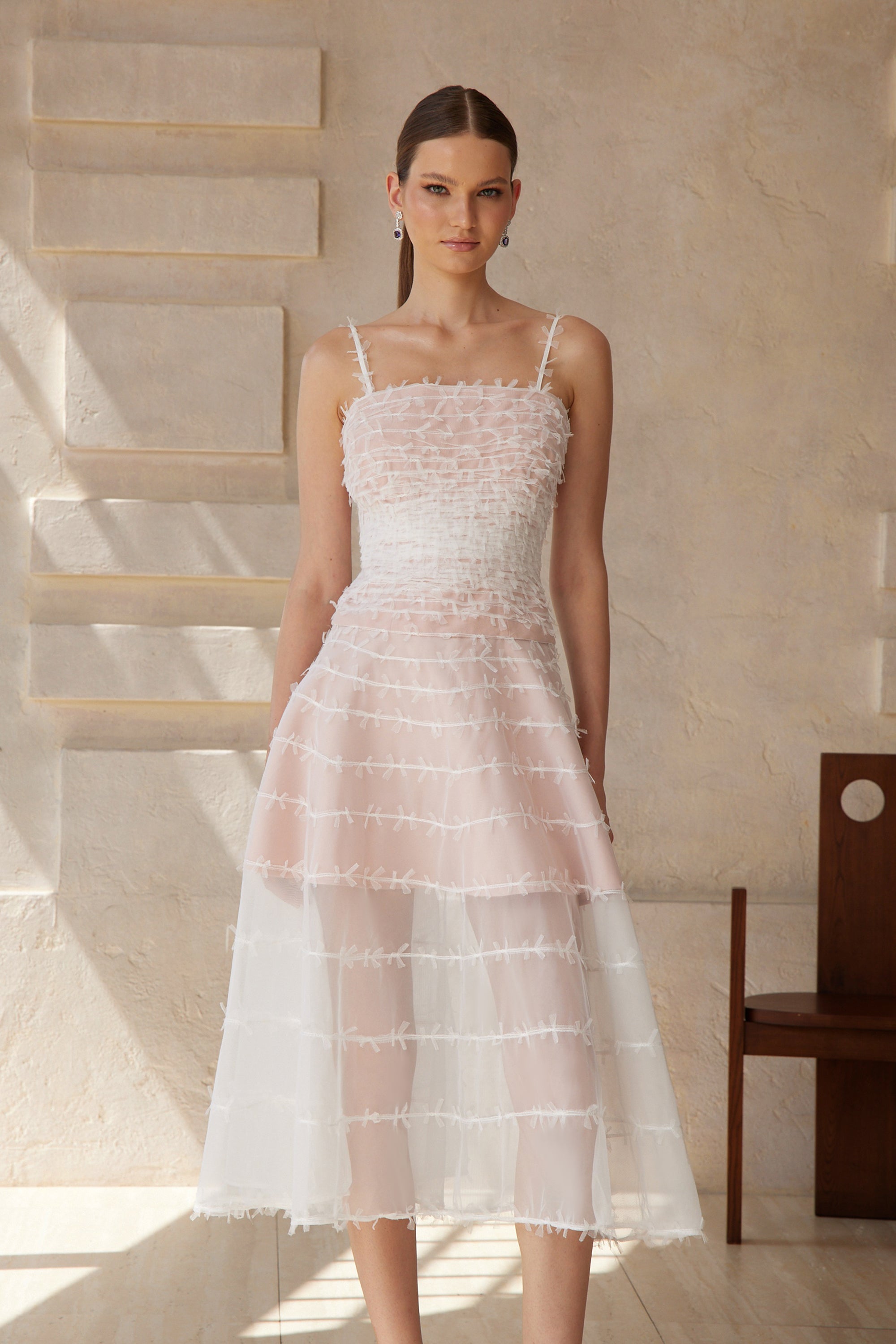 Eléonore White Creased Tulle Midi Dress (Final Sale-US Only)
