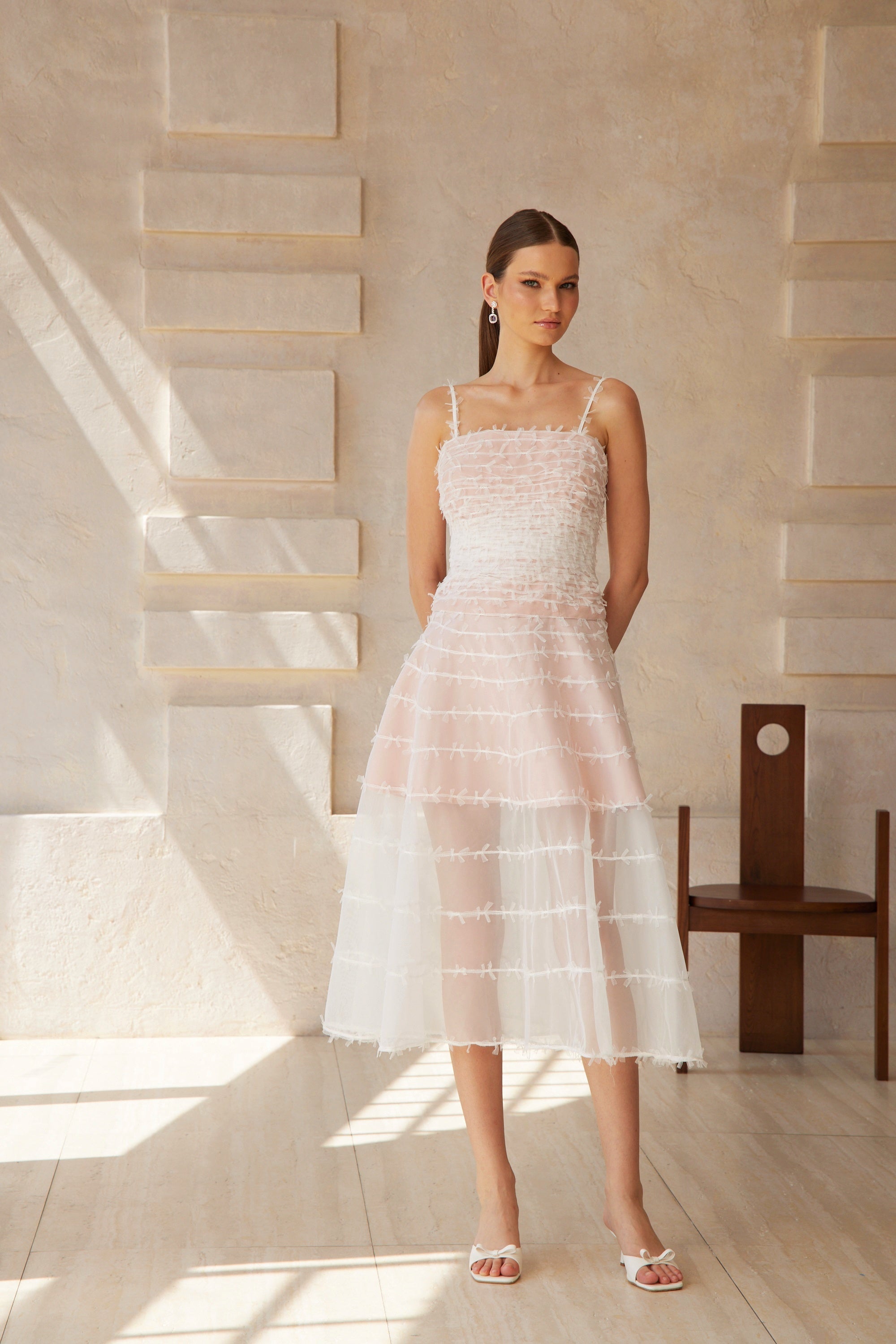 Eléonore White Creased Tulle Midi Dress