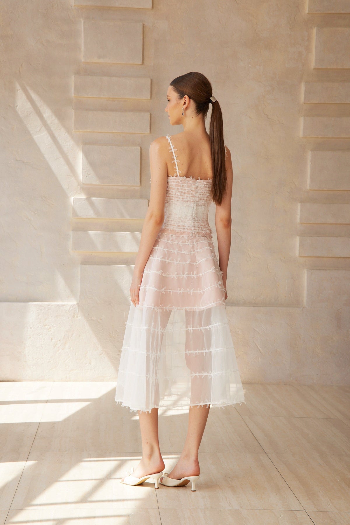 Eléonore White Creased Tulle Midi Dress