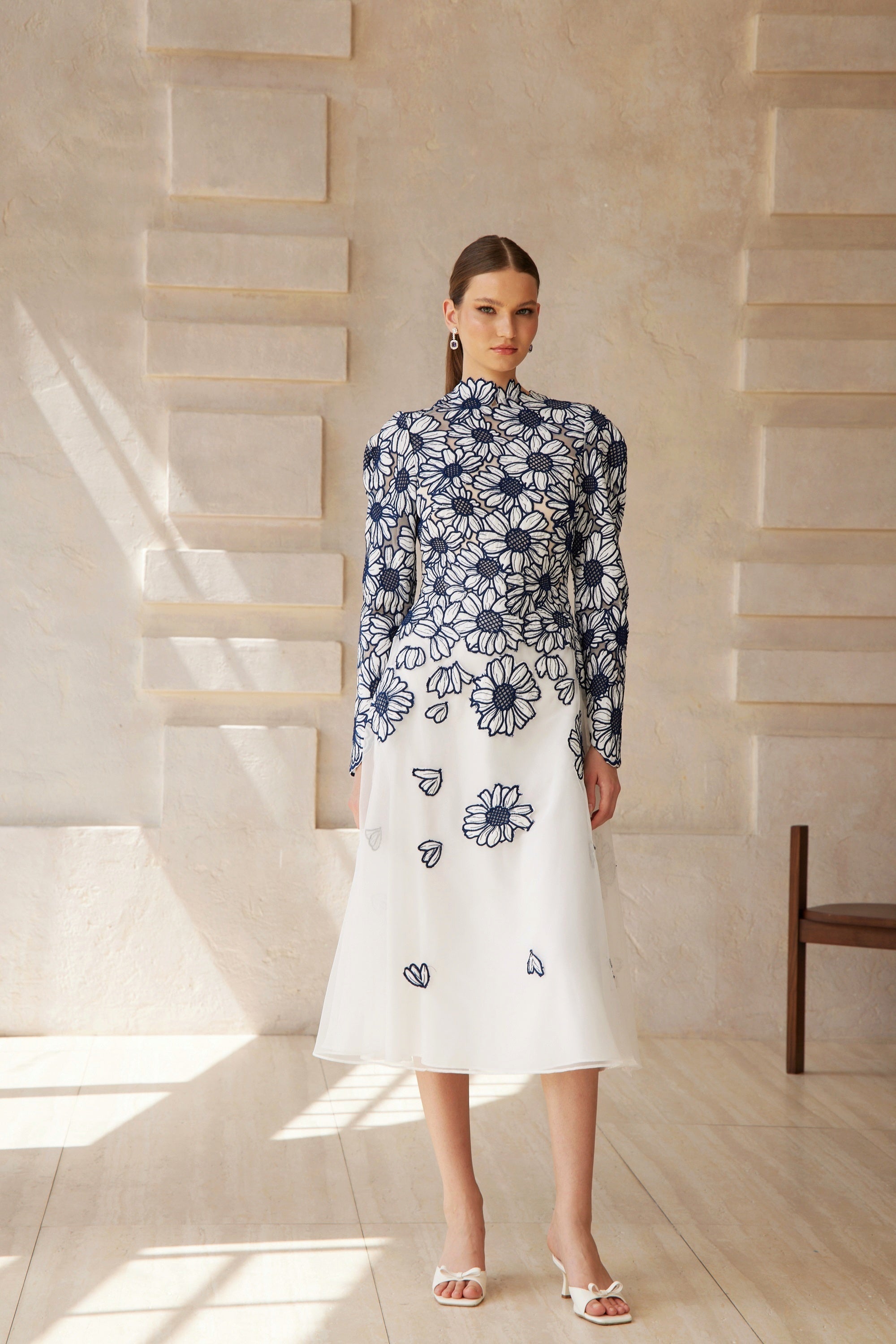 Caméo Blue Floral Embroidered Tulle Midi Dress