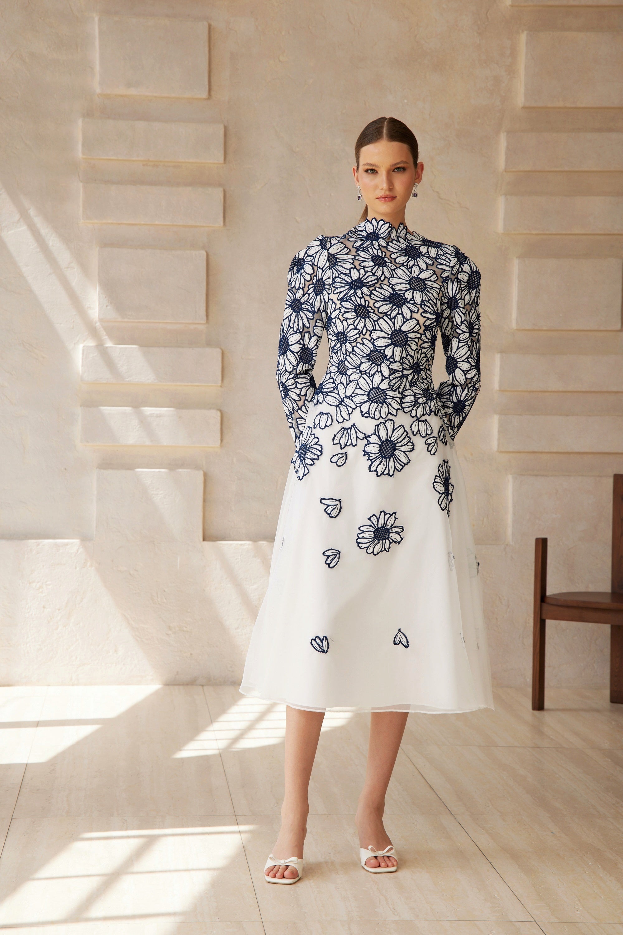 Caméo Blue Floral Embroidered Tulle Midi Dress