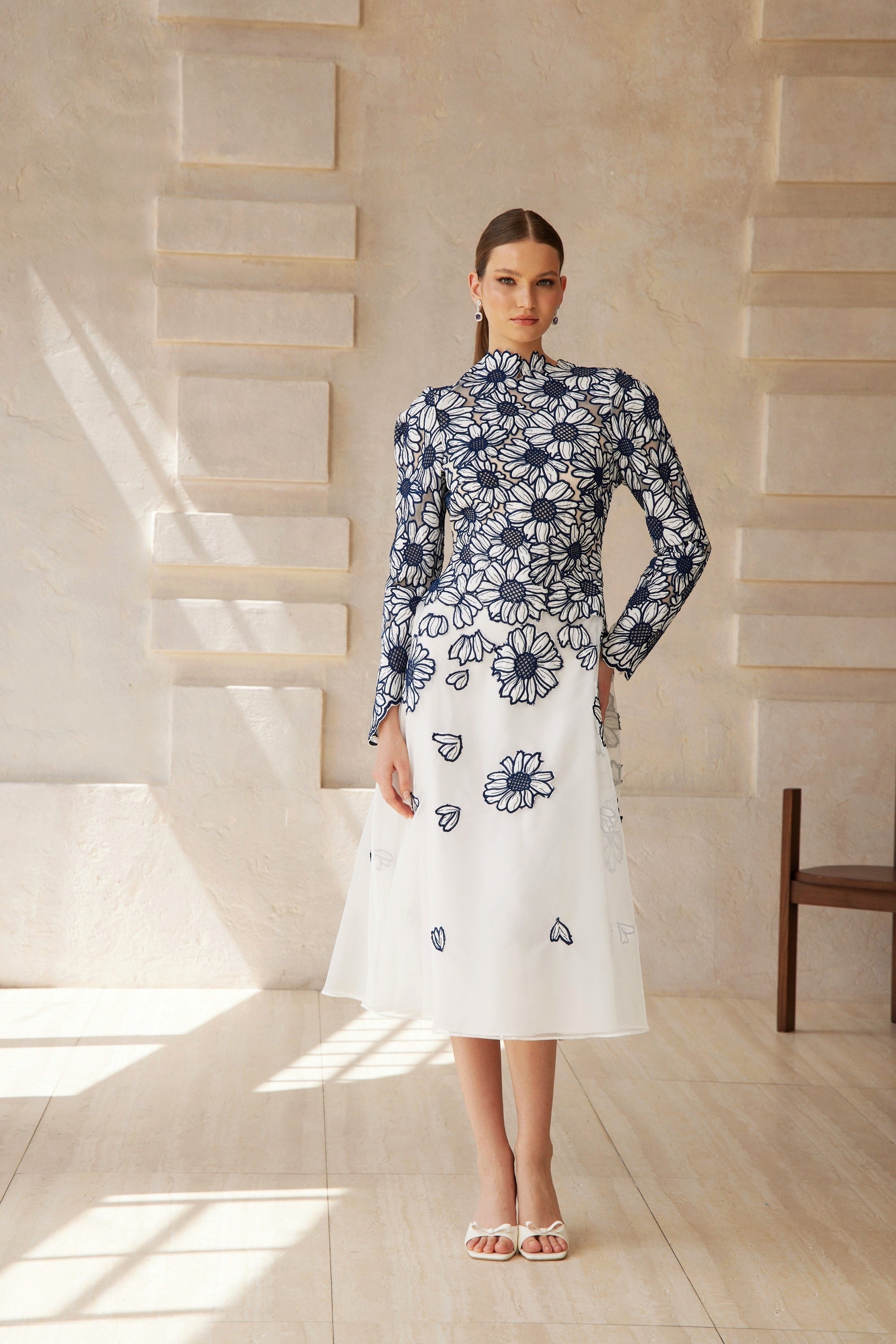 Caméo Blue Floral Embroidered Tulle Midi Dress