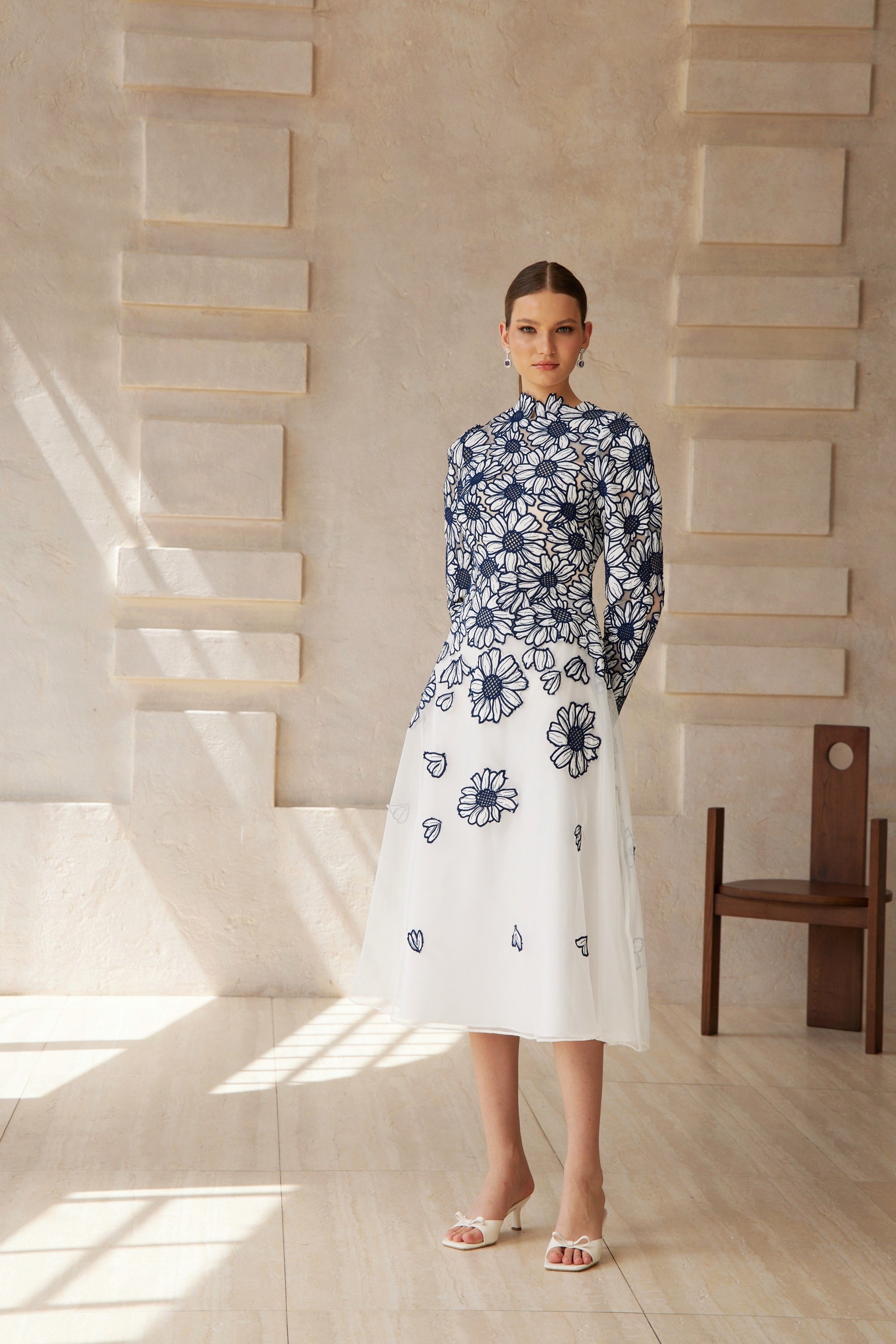 Caméo Blue Floral Embroidered Tulle Midi Dress