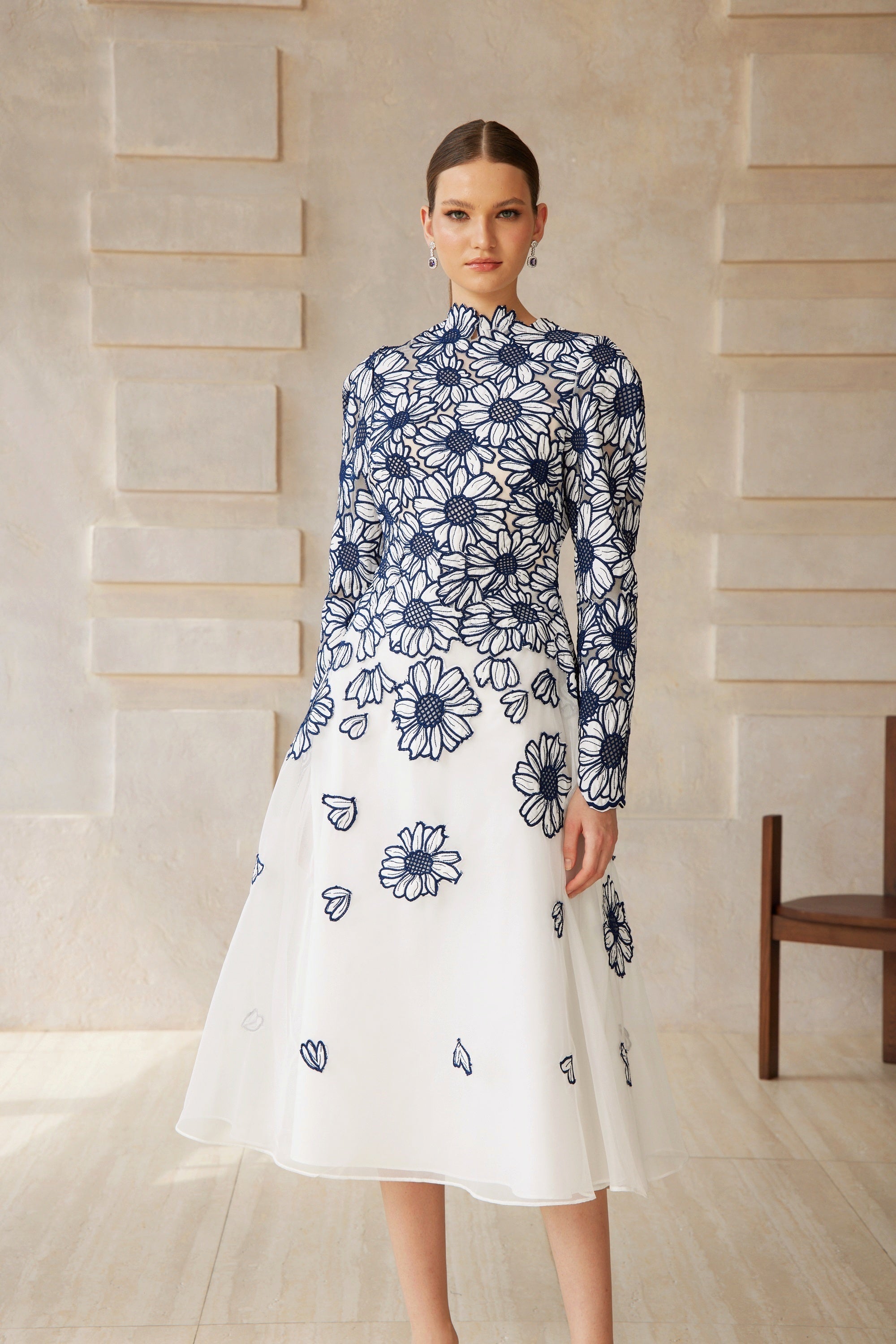 Caméo Blue Floral Embroidered Tulle Midi Dress