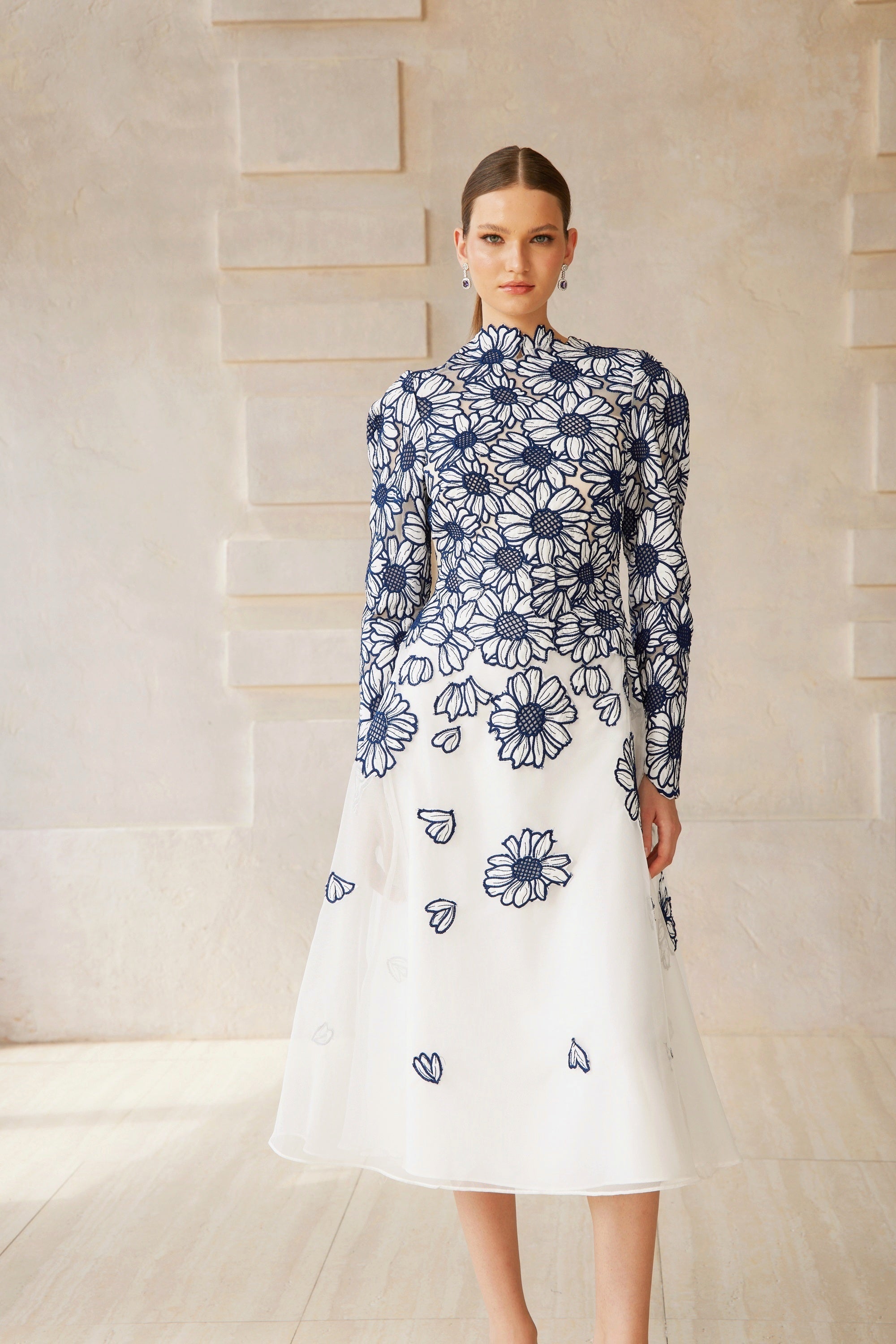 Caméo Blue Floral Embroidered Tulle Midi Dress
