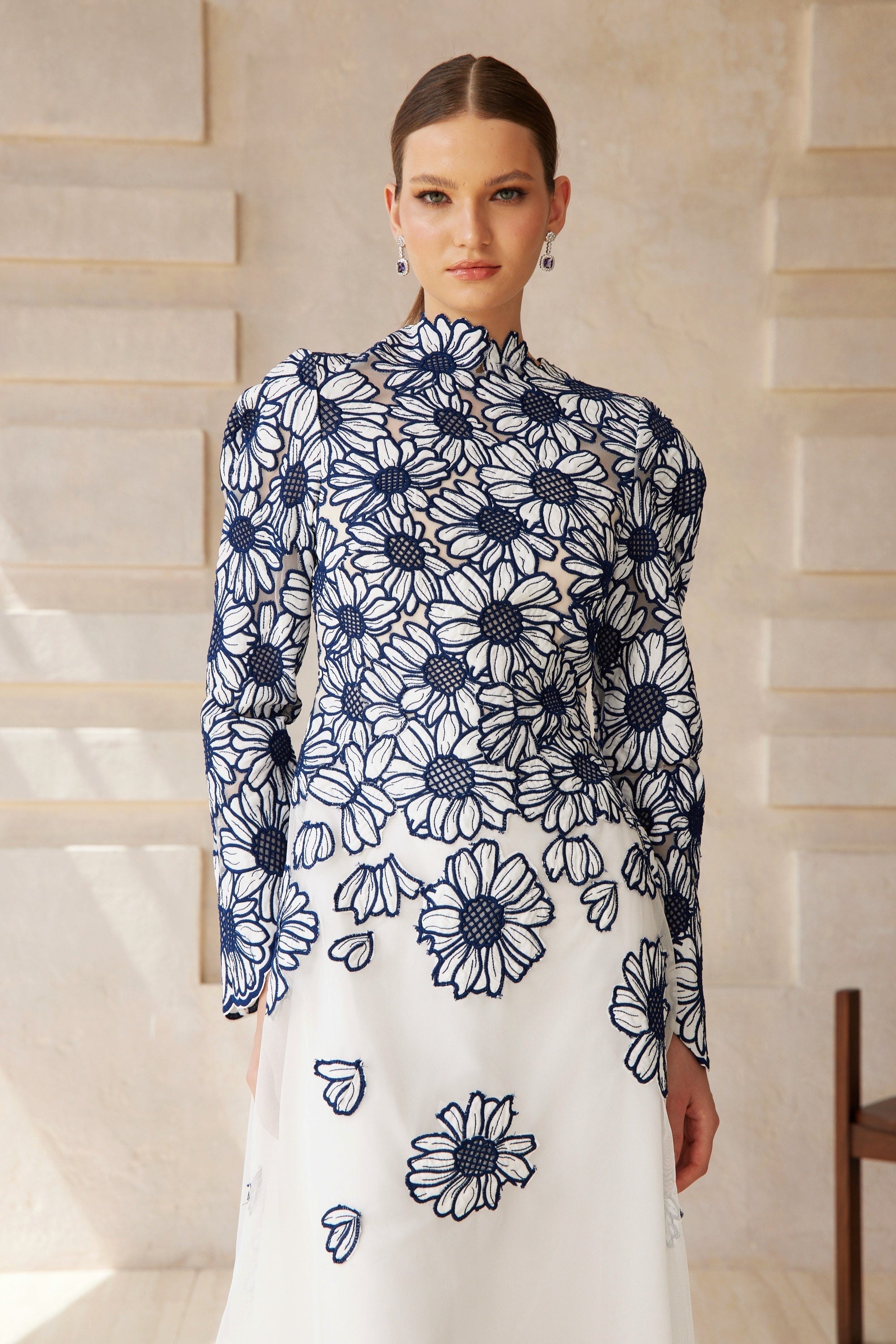 Caméo Blue Floral Embroidered Tulle Midi Dress