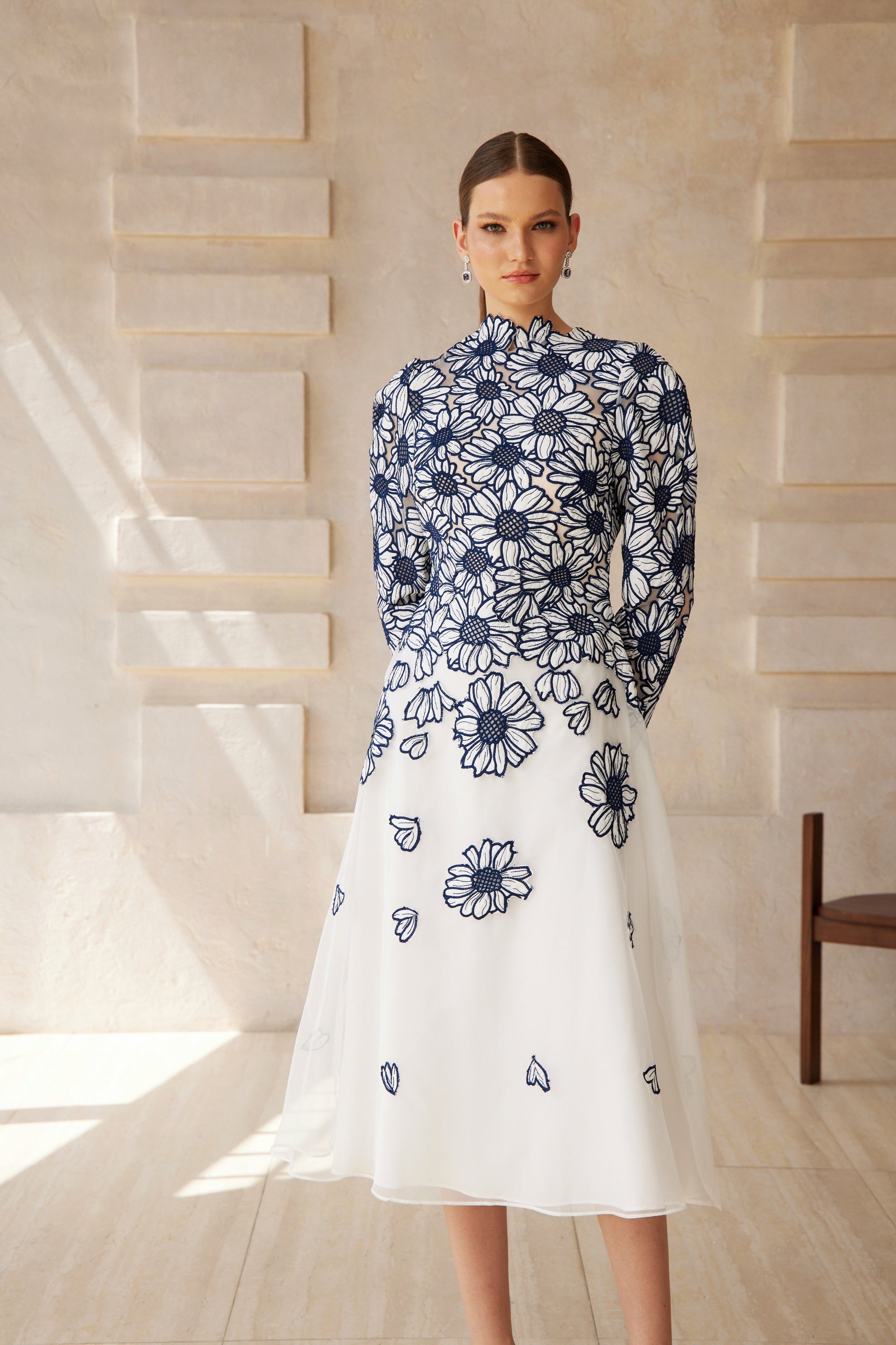Caméo Blue Floral Embroidered Tulle Midi Dress