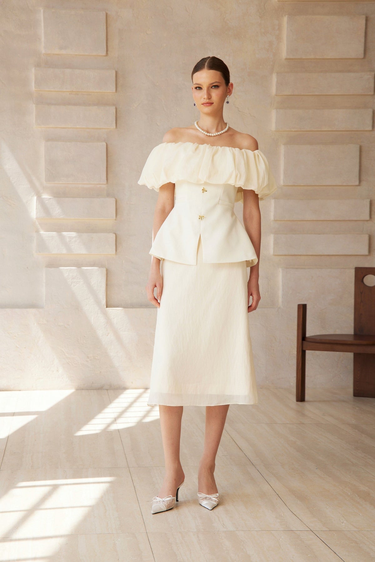 Dianthe White Off Shoulder Shirred Top & Skirt Set