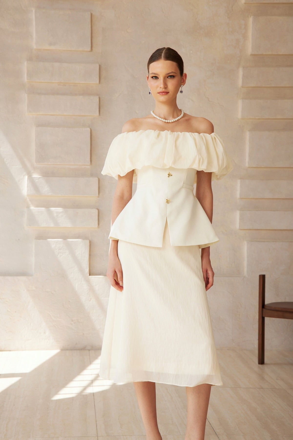 Dianthe White Off Shoulder Shirred Top & Skirt Set