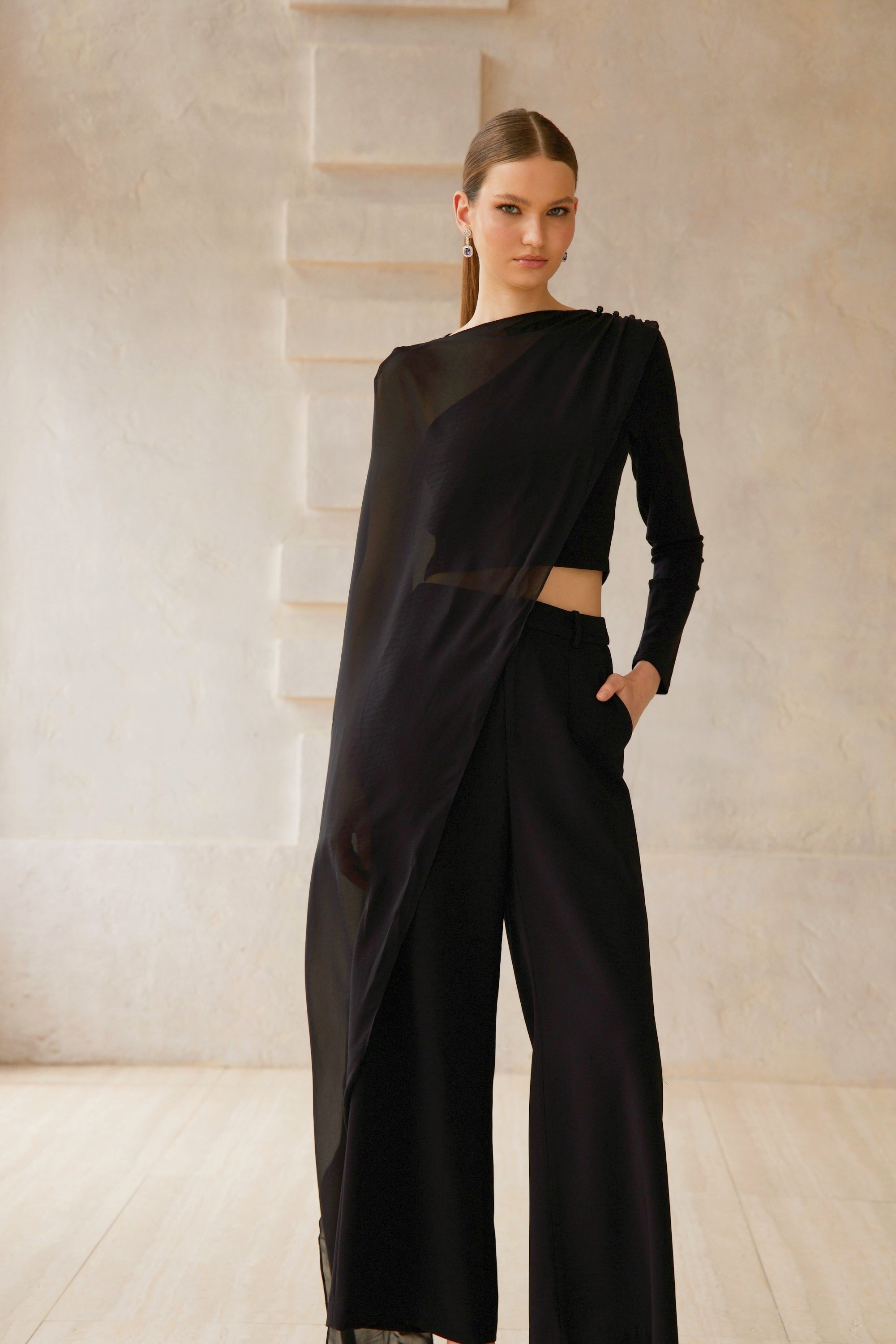 Eugénie Black Asymmetrical Design Blouse & Trousers Set