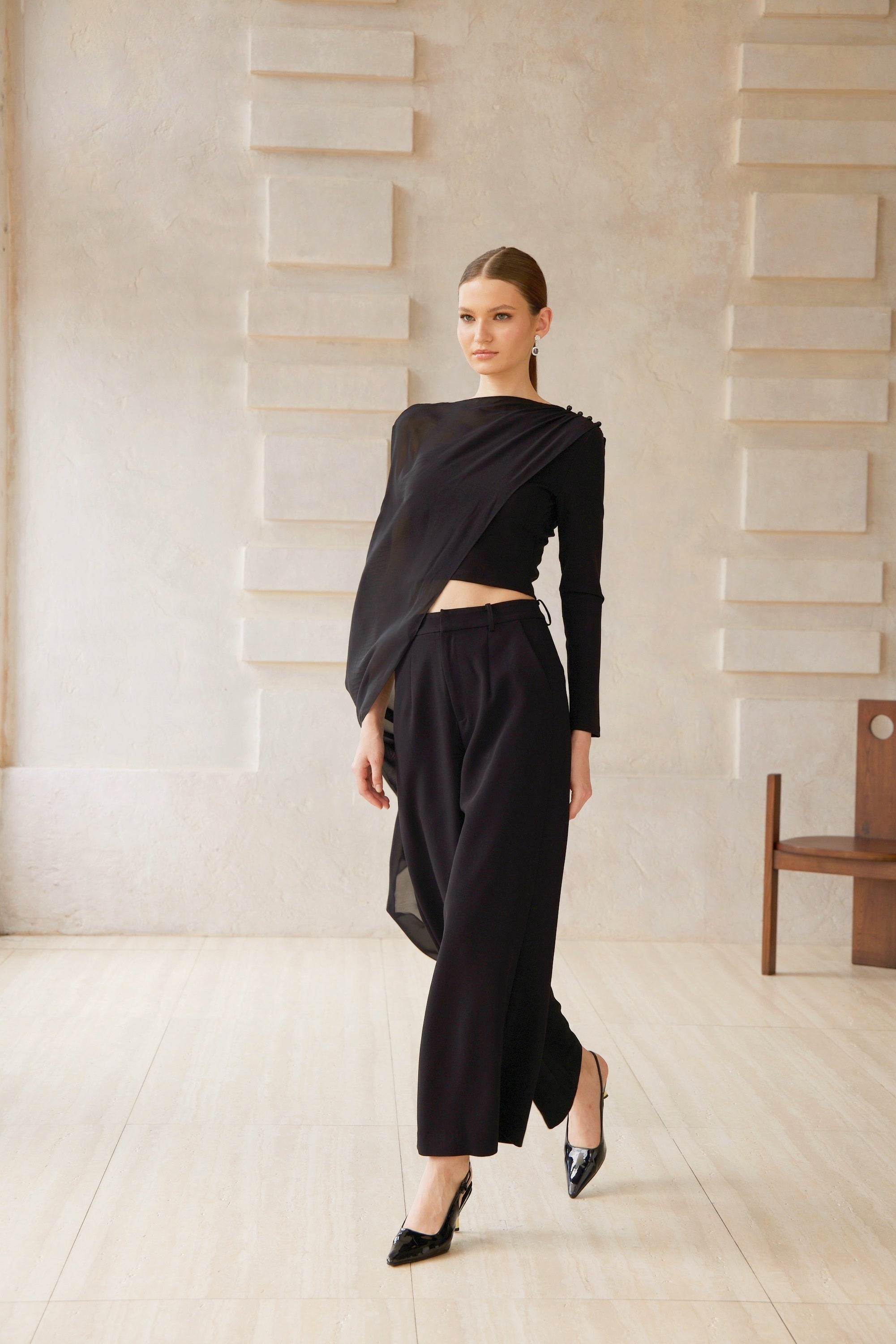 Eugénie Black Asymmetrical Design Blouse & Trousers Set