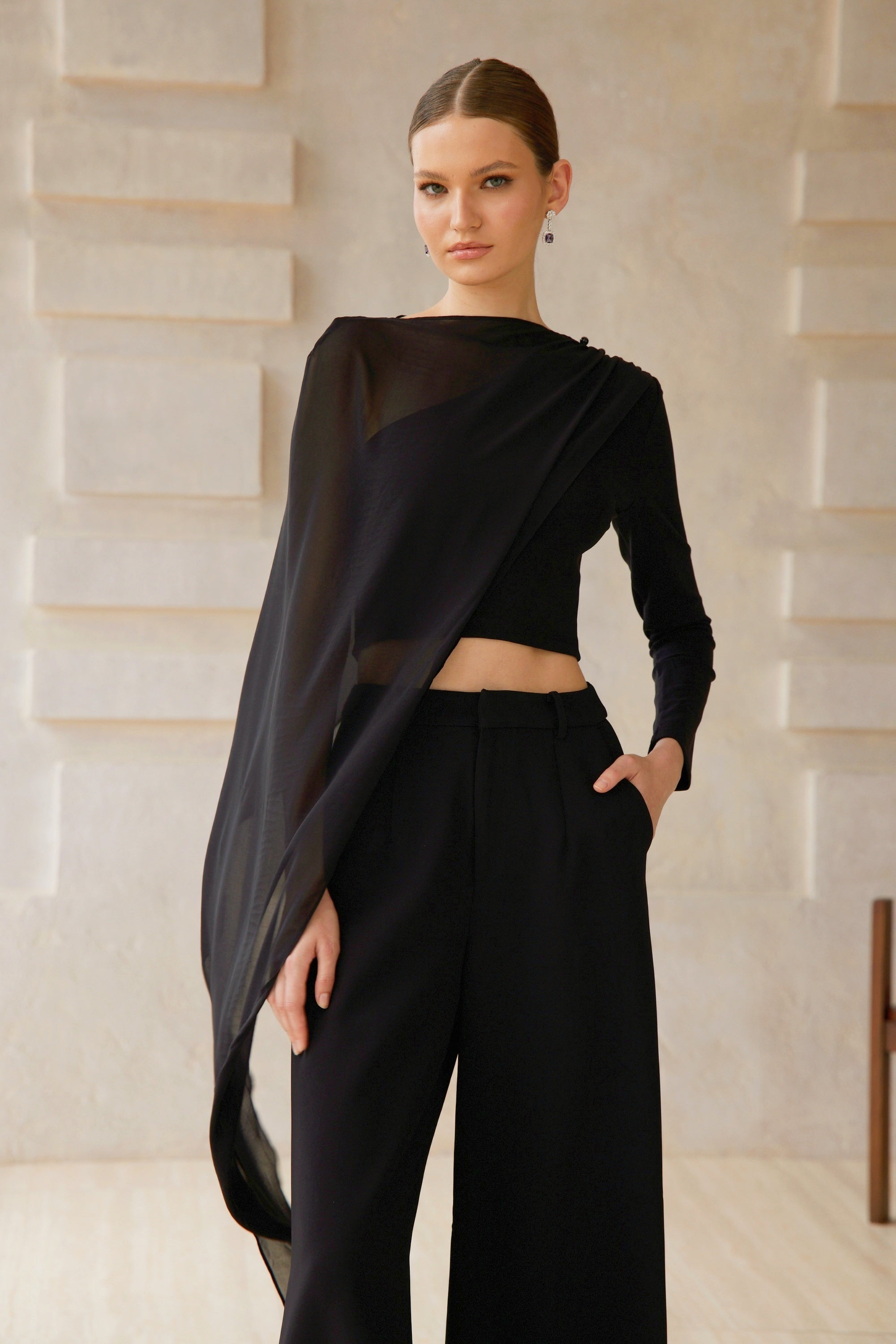 Eugénie Black Asymmetrical Design Blouse & Trousers Set