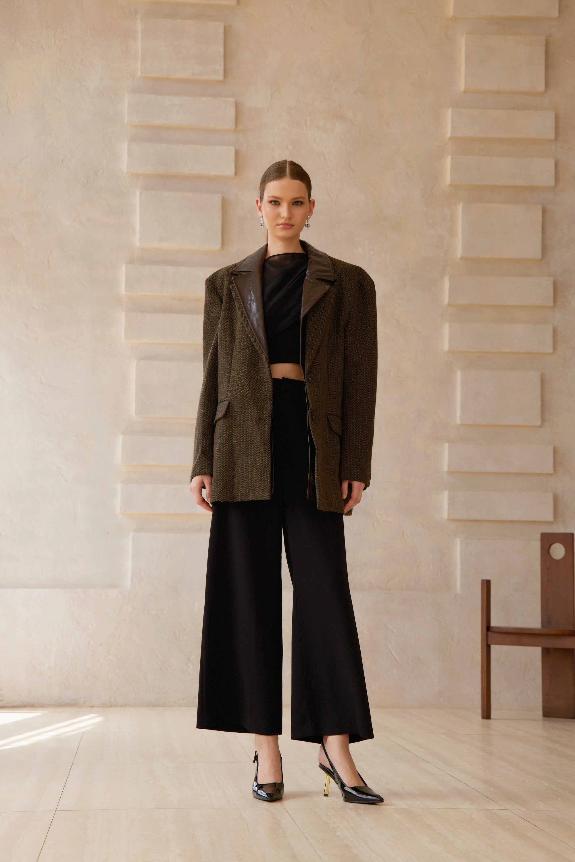 Amber Brown Leather Panel Herringbone Tweed Blazer - brown