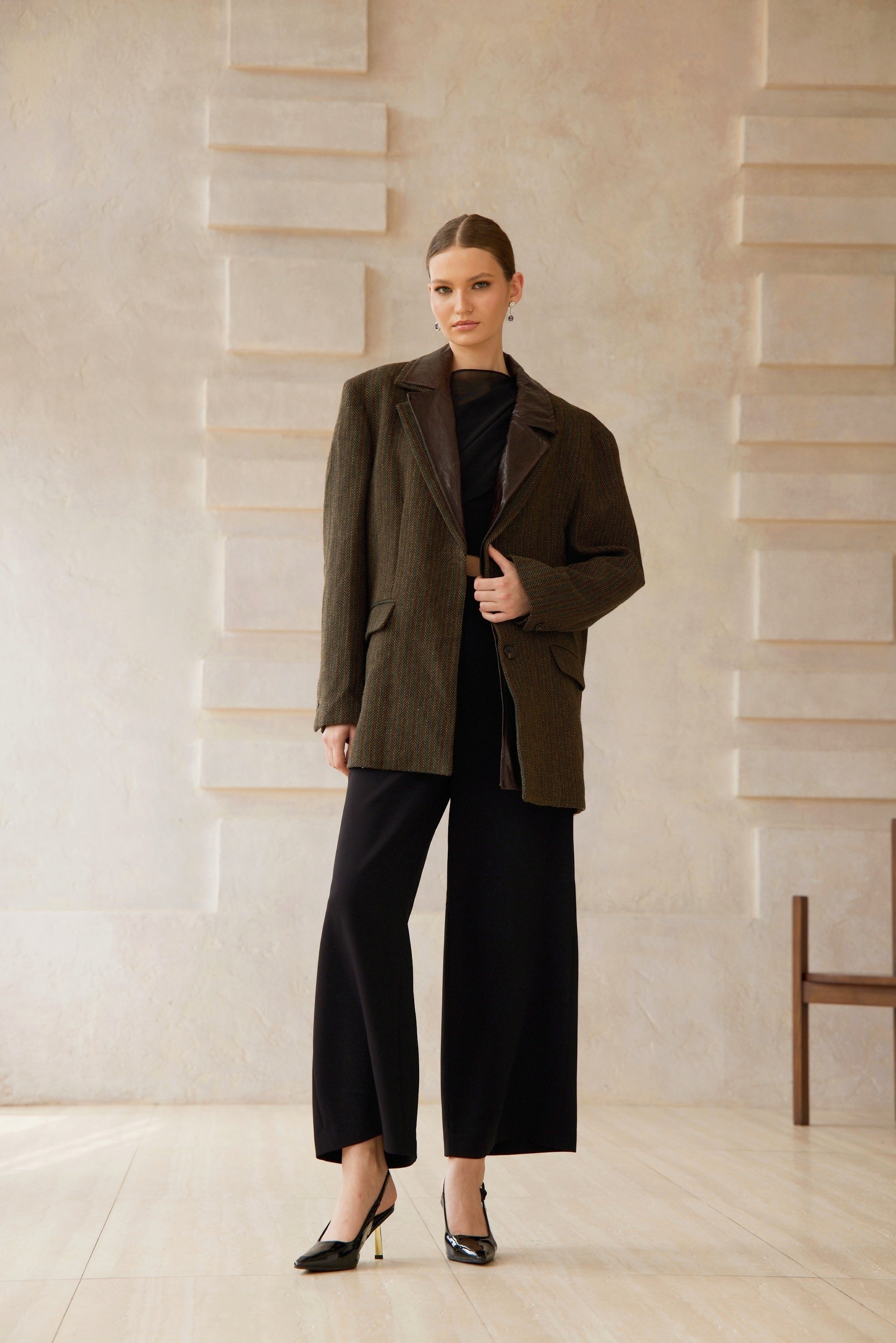 Amber Brown Leather Panel Herringbone Tweed Blazer - brown