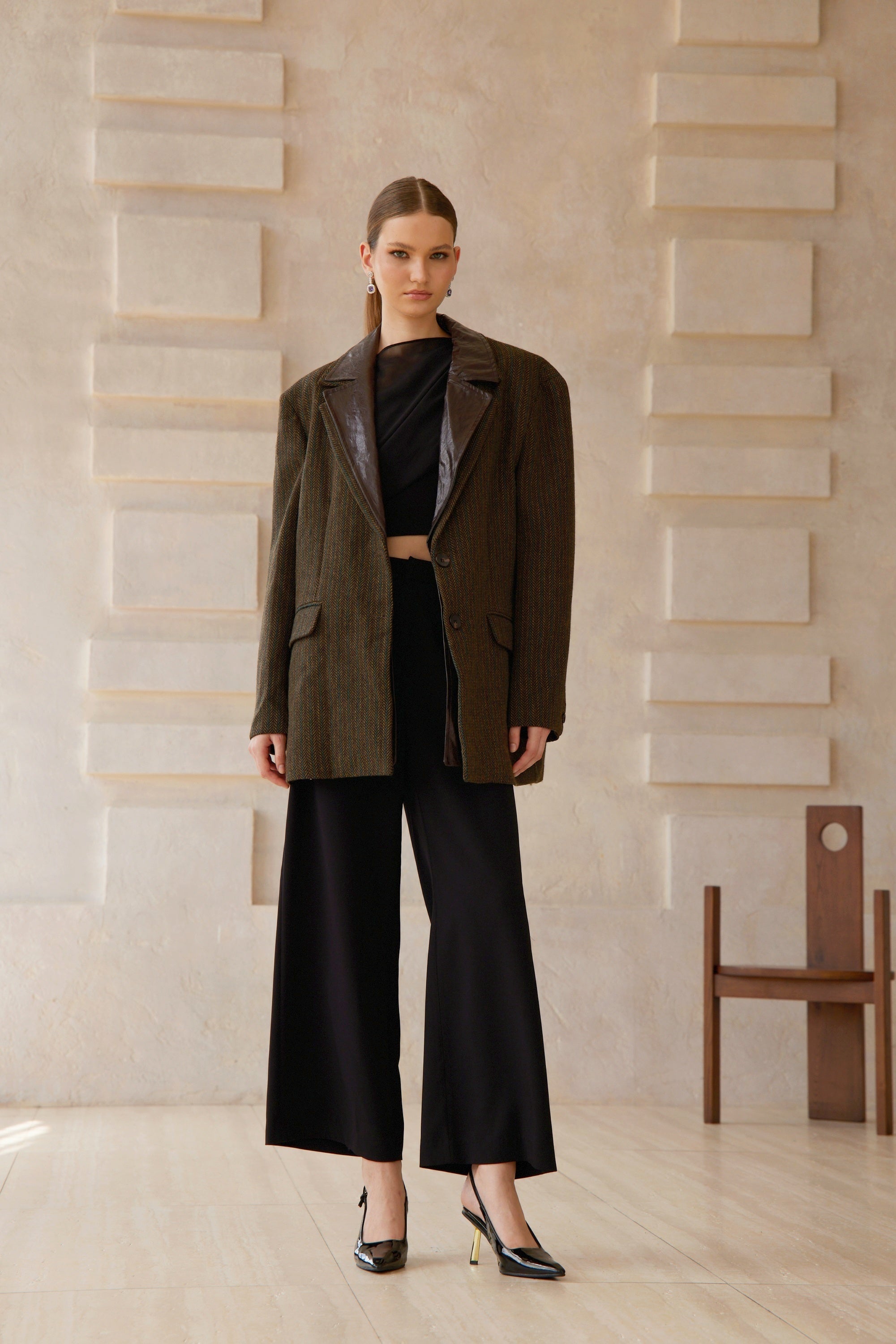 Amber Brown Leather Panel Herringbone Tweed Blazer - brown