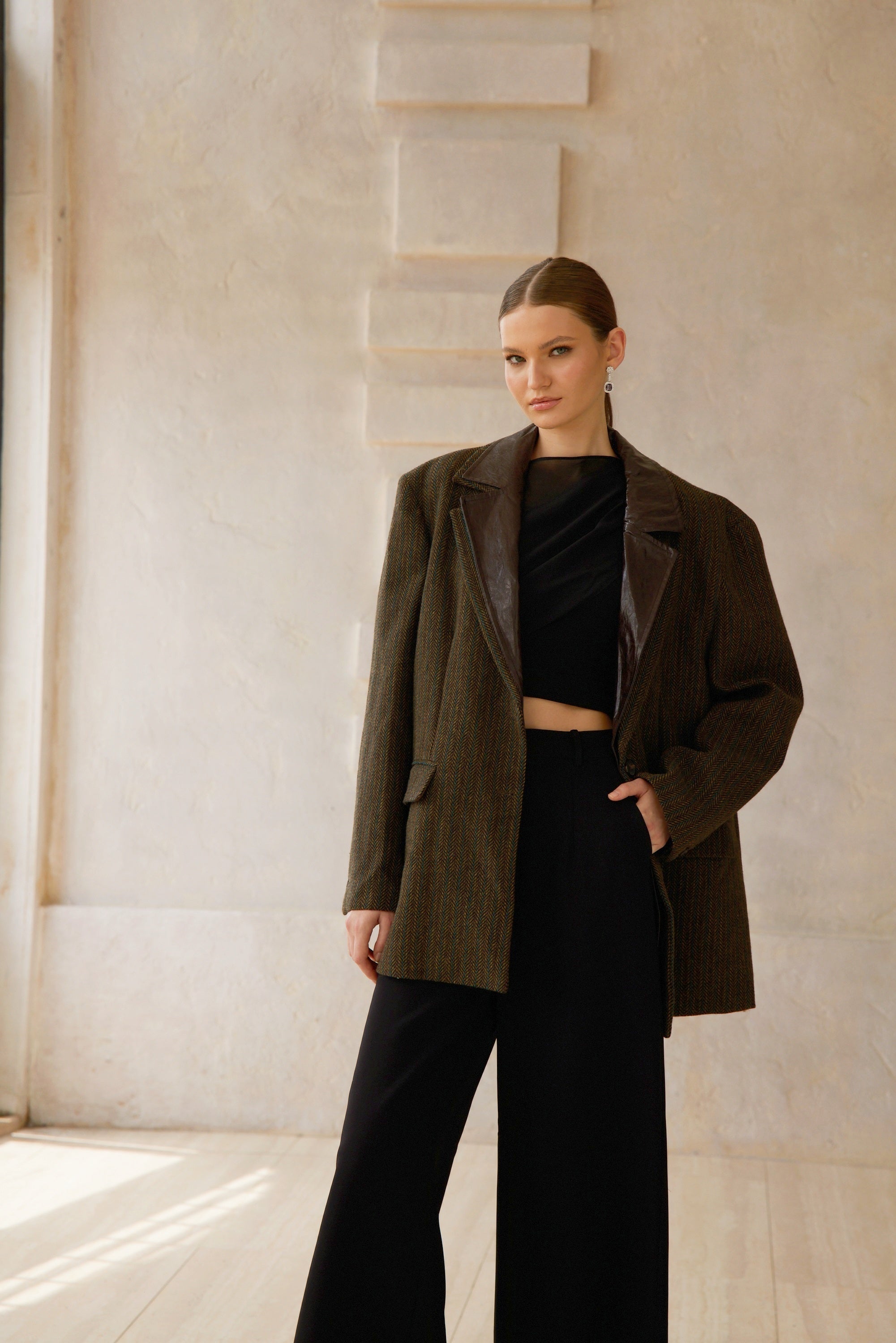 Amber Brown Leather Panel Herringbone Tweed Blazer - brown