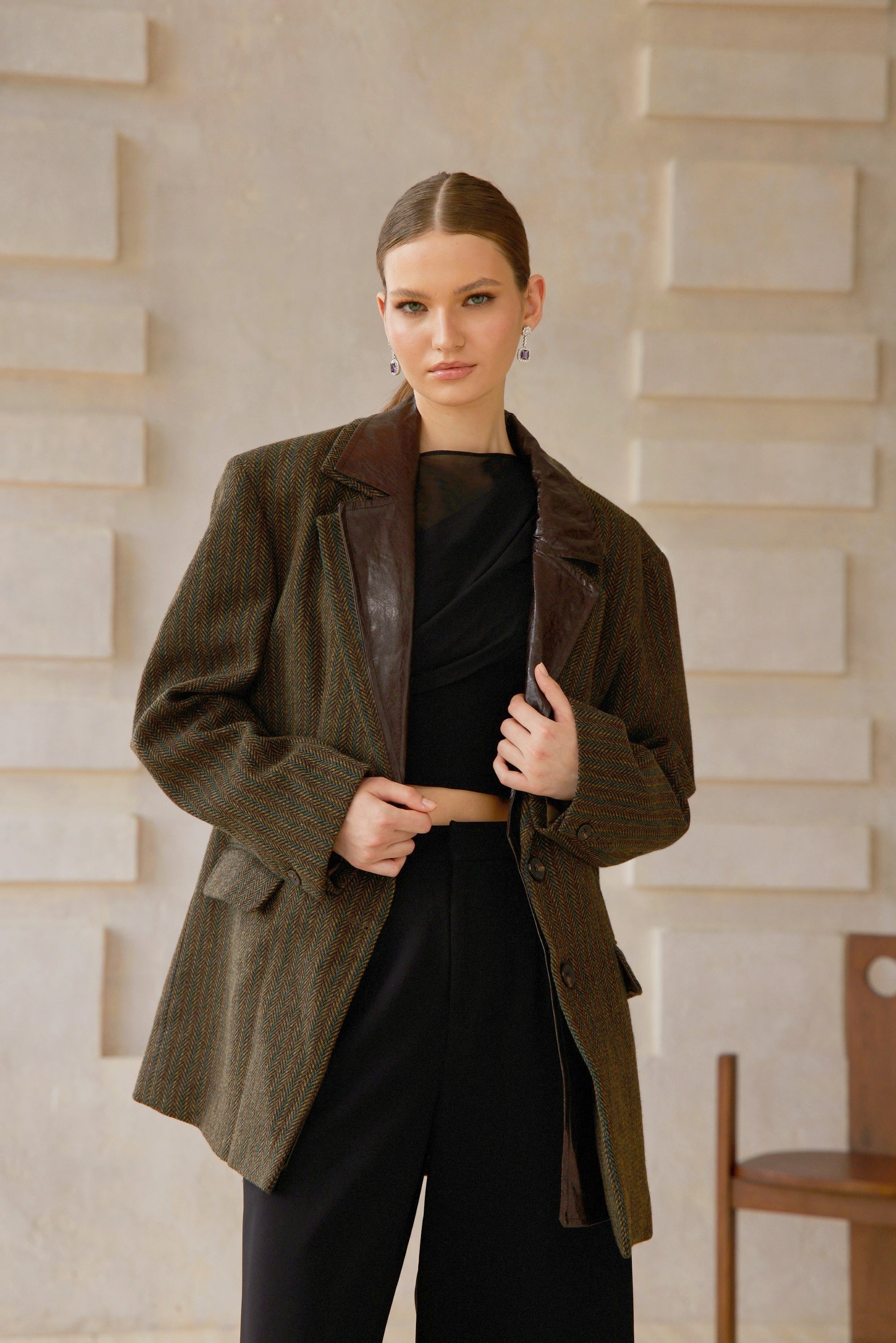 Amber Brown Leather Panel Herringbone Tweed Blazer - brown