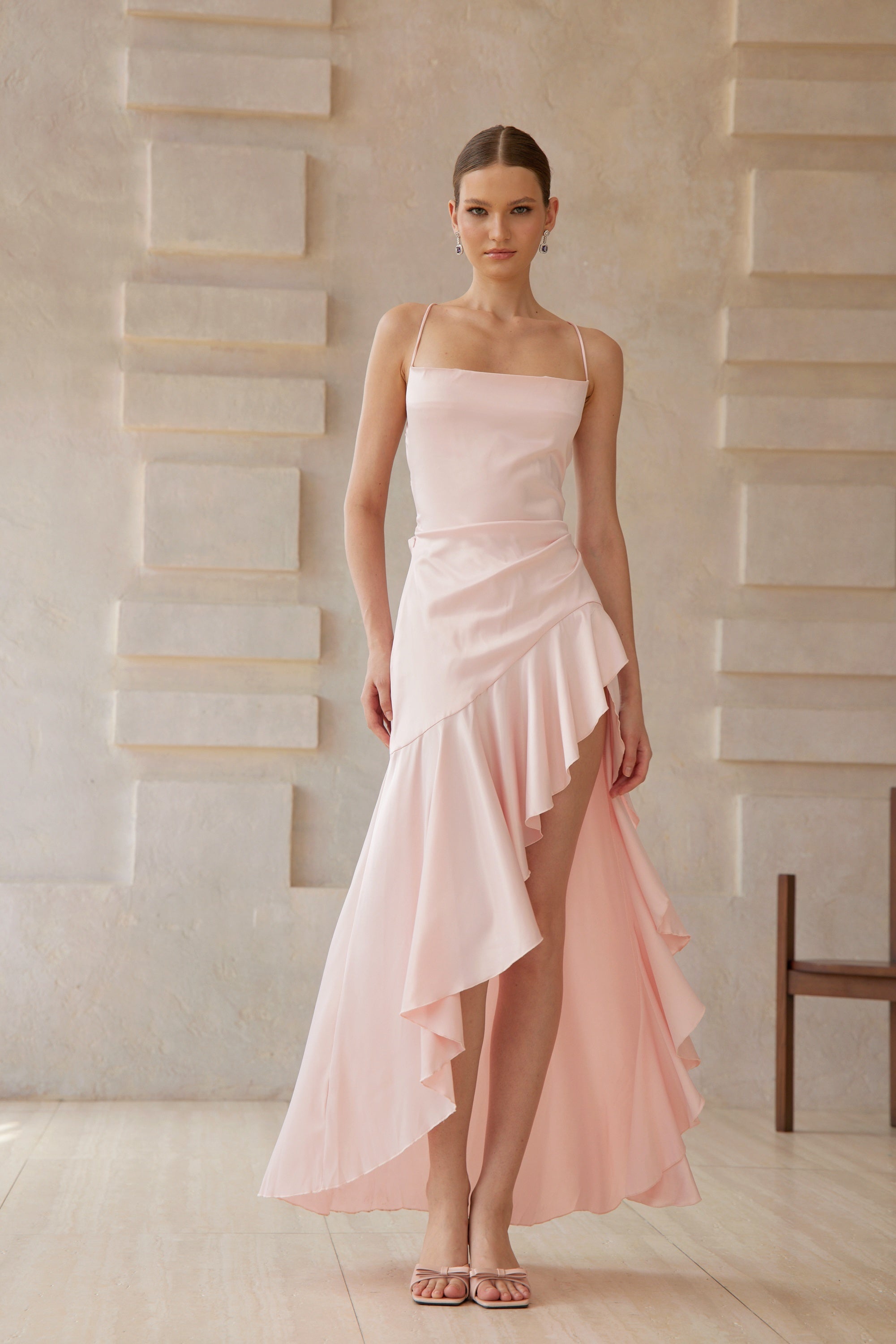 Léna Pink Asymmetrical Satin Midi Dress (Final Sale-US Only)