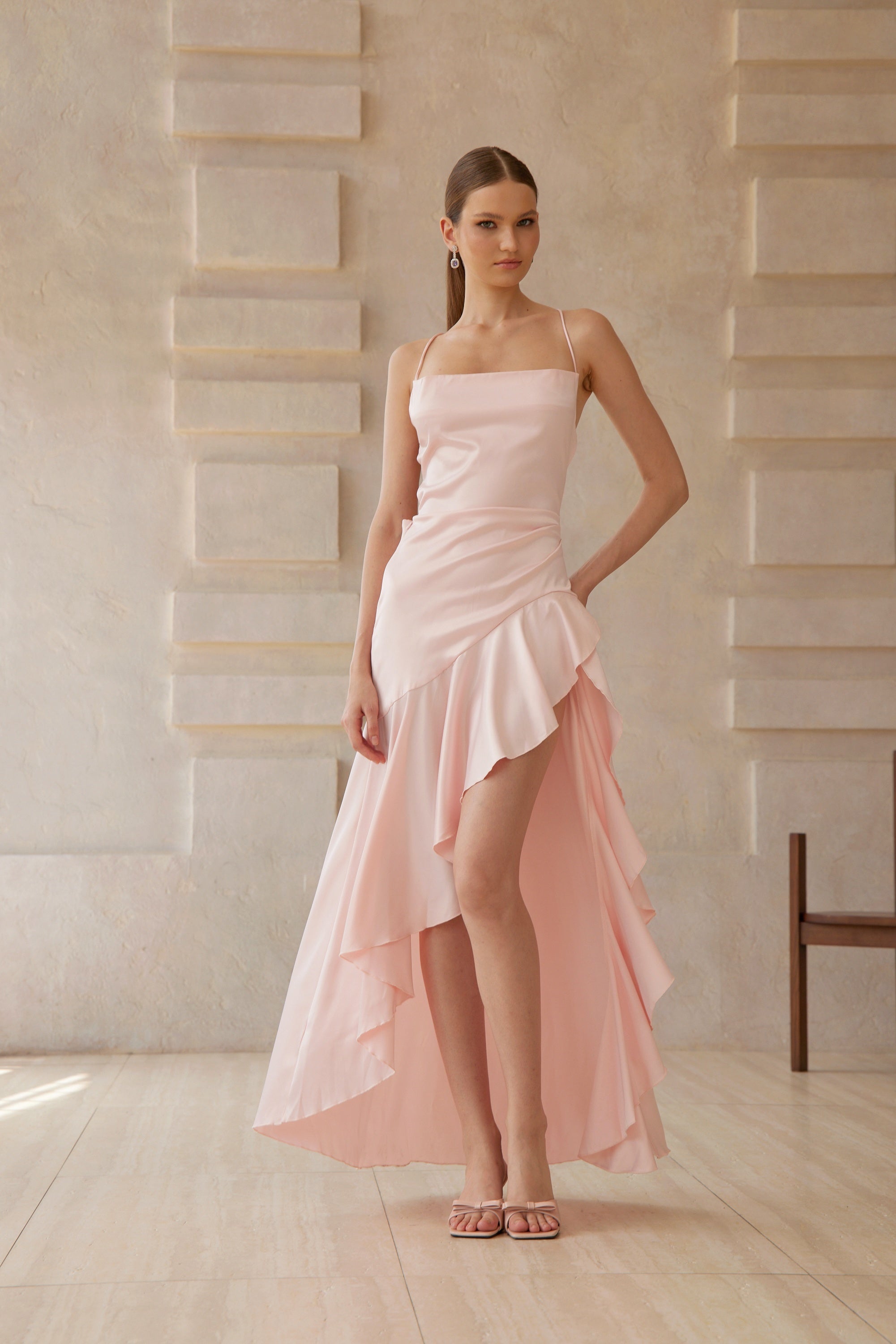 Léna Pink Asymmetrical Satin Midi Dress